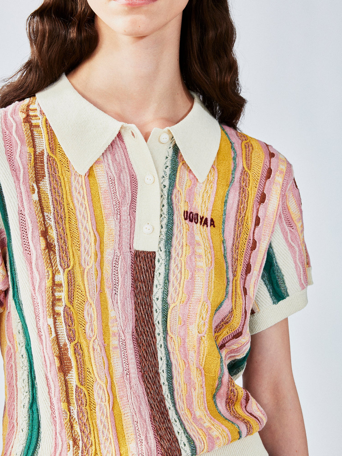 レトロなリブ編みのポロニットTシャツ