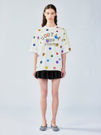 絵画的な水玉模様のリネンコットンTシャツ