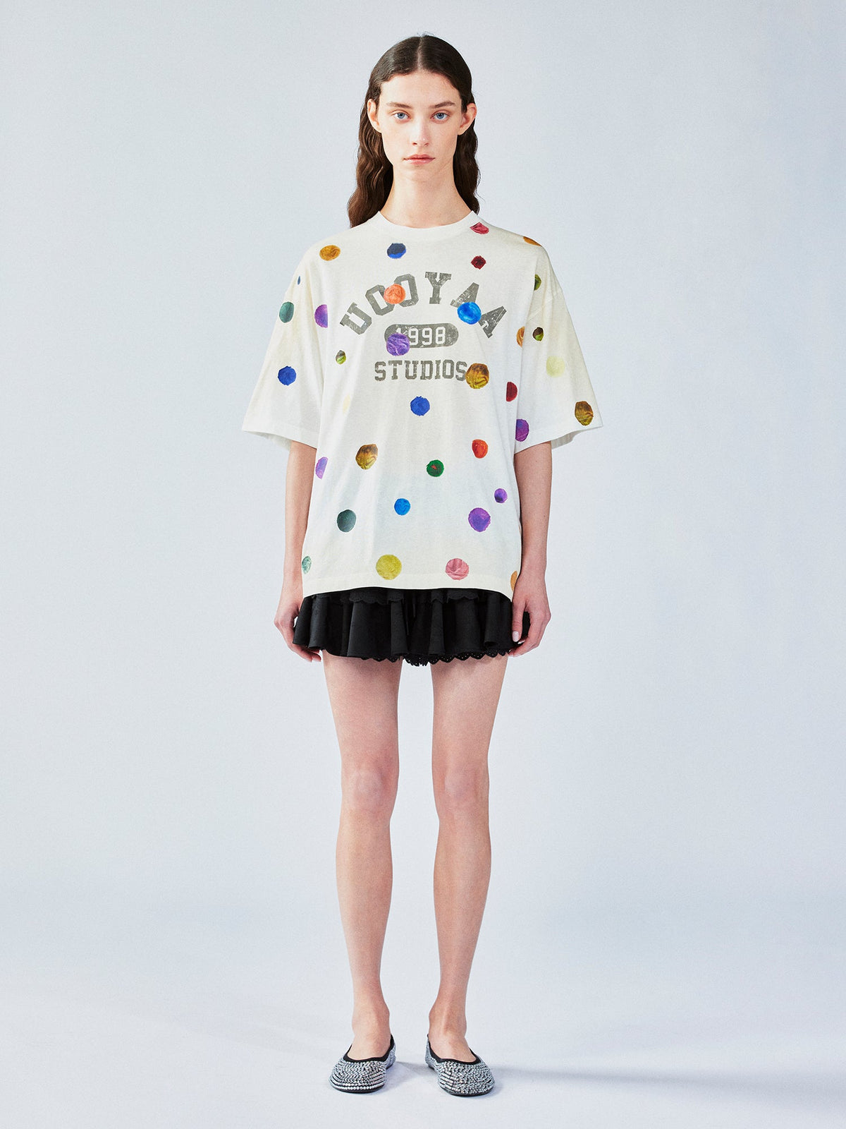 絵画的な水玉模様のリネンコットンTシャツ