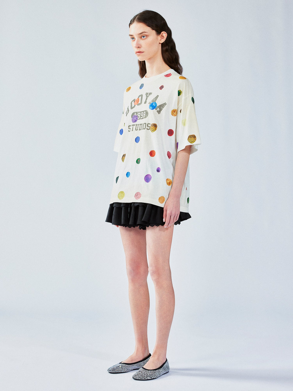 絵画的な水玉模様のリネンコットンTシャツ