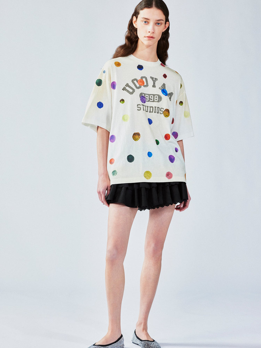 絵画的な水玉模様のリネンコットンTシャツ