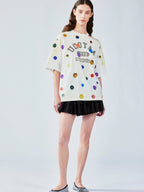 絵画的な水玉模様のリネンコットンTシャツ