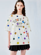 絵画的な水玉模様のリネンコットンTシャツ
