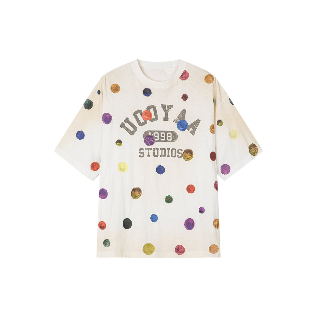 絵画的な水玉模様のリネンコットンTシャツ