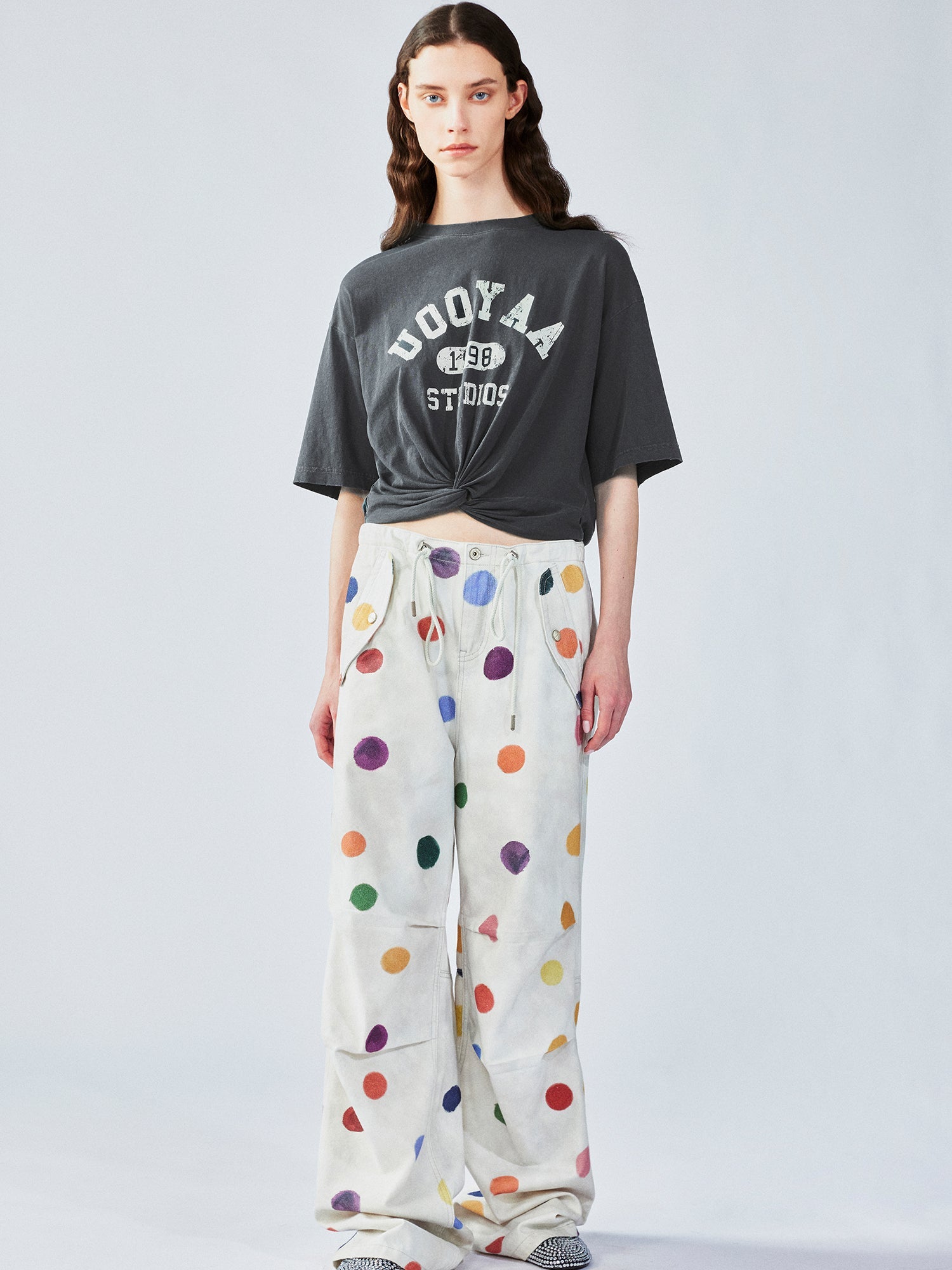 Painterly polka dot cargo pants