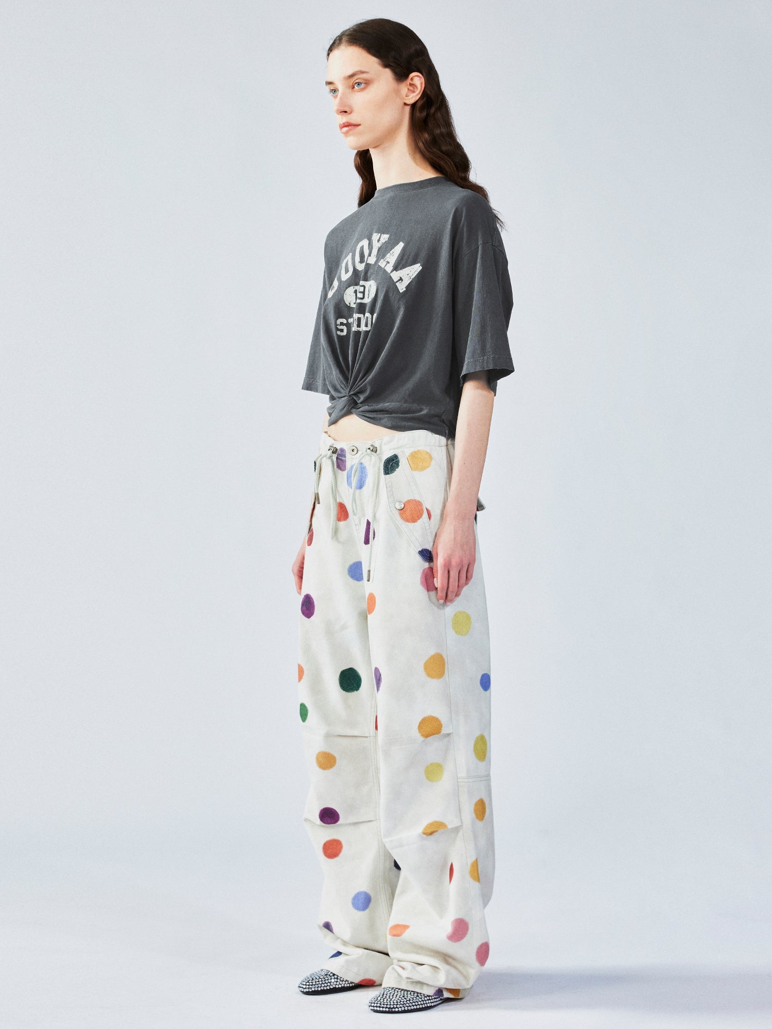 Painterly polka dot cargo pants