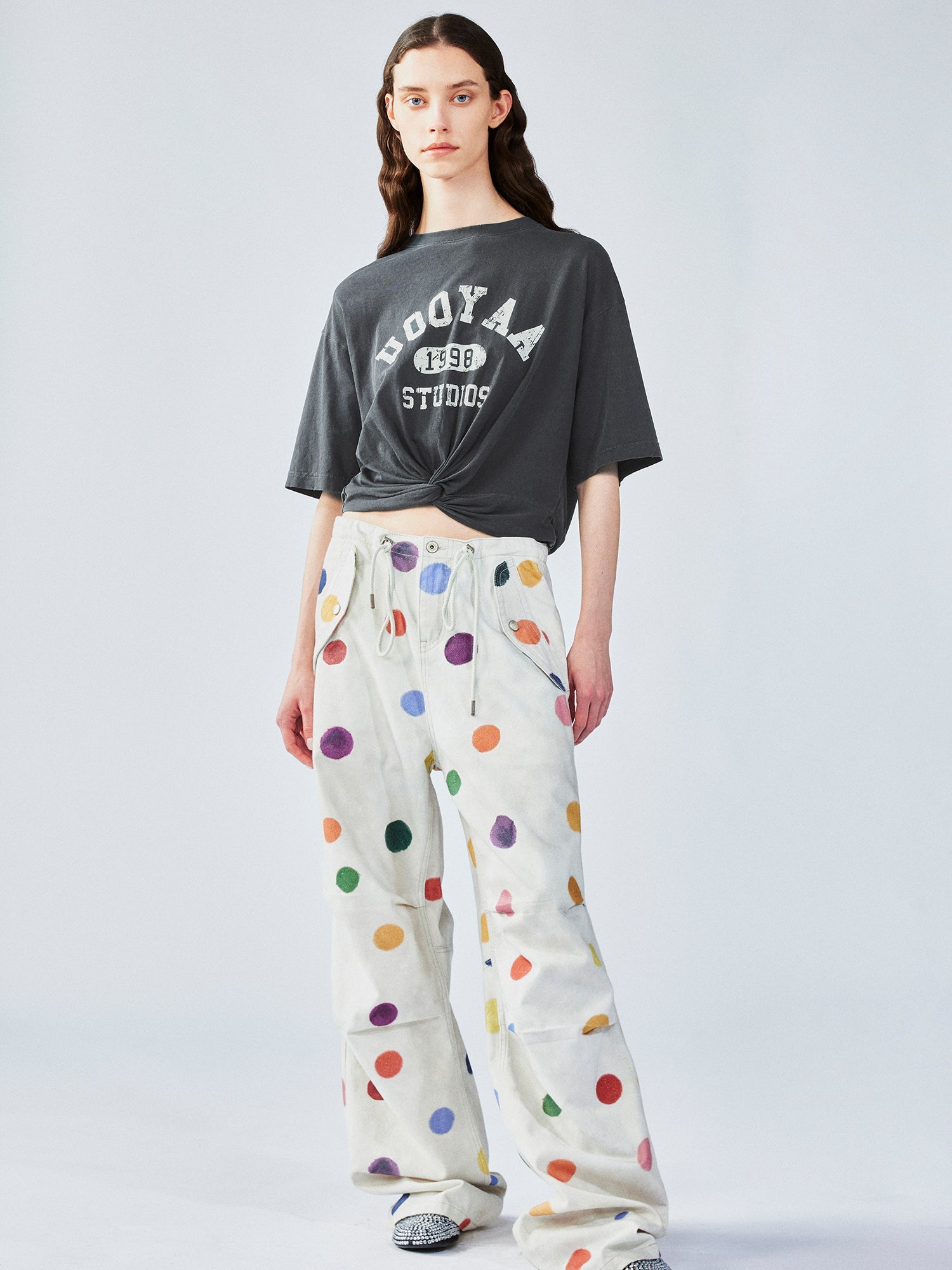 Painterly polka dot cargo pants