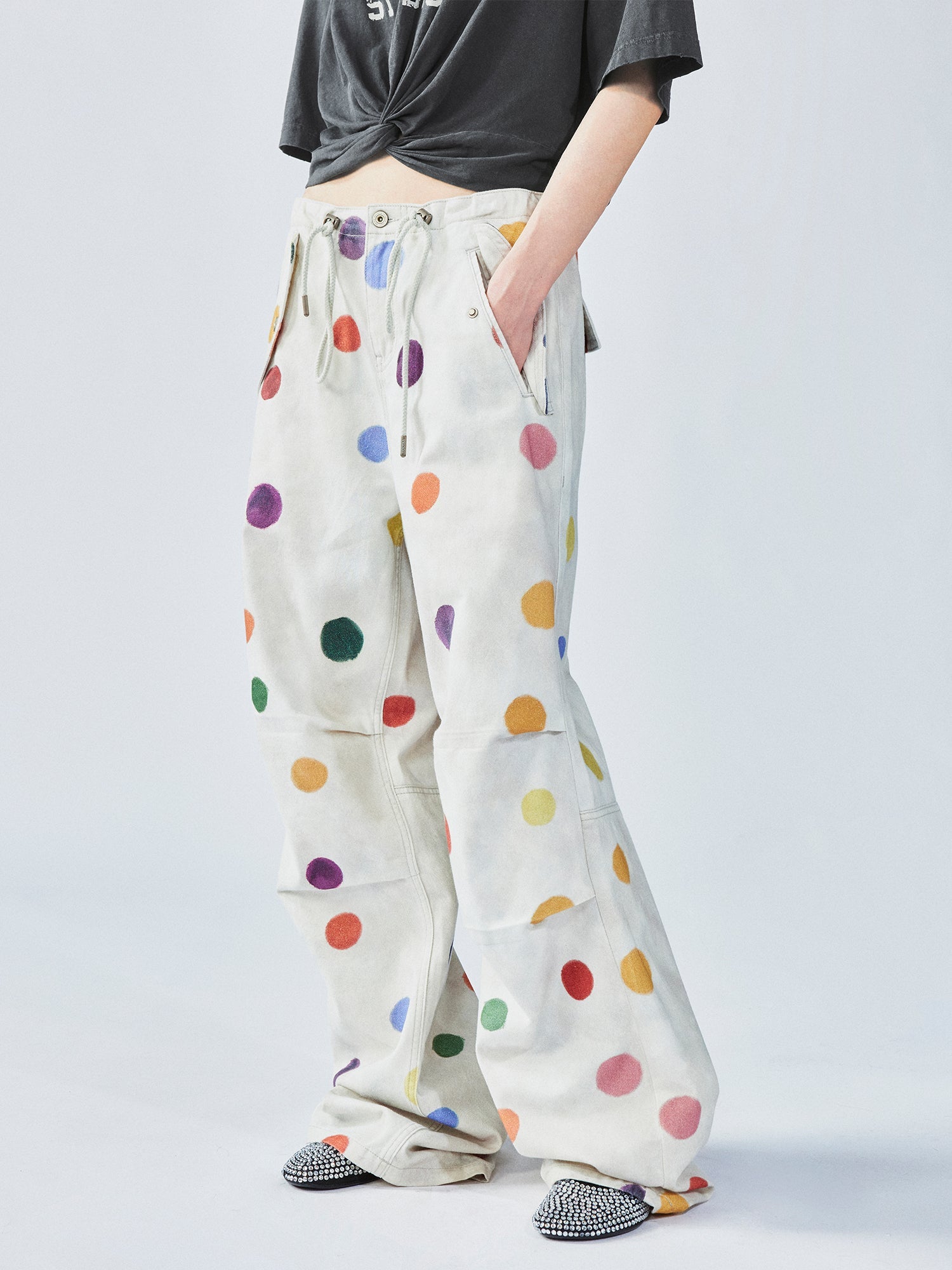 Painterly polka dot cargo pants