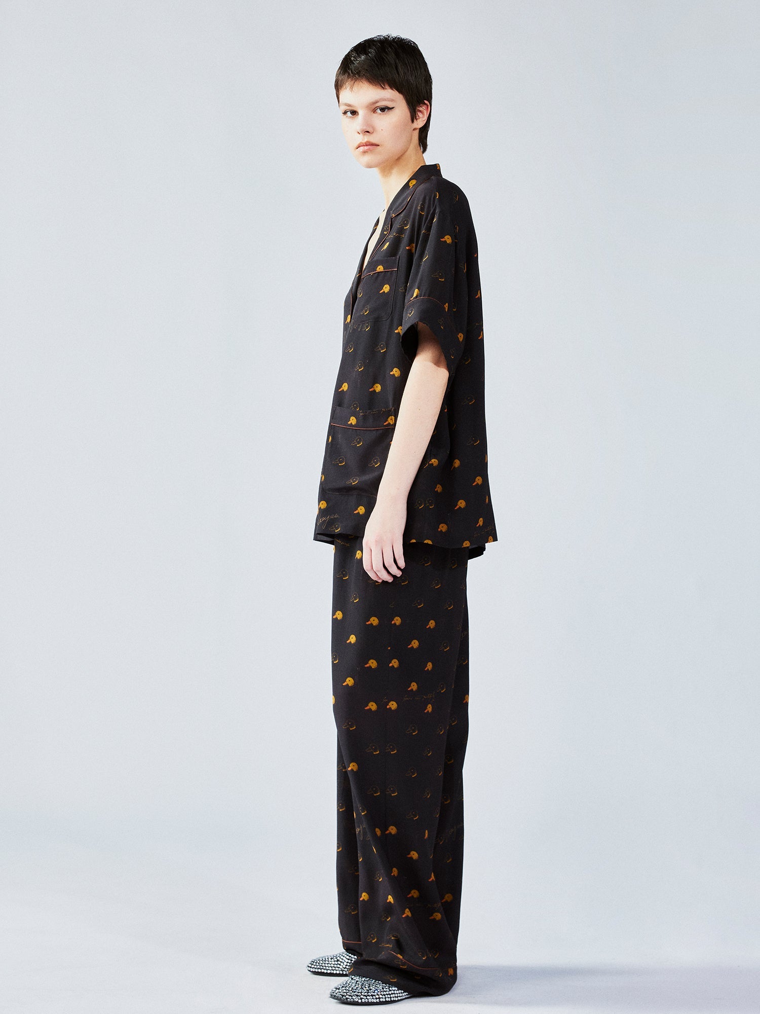 Silk hand-sketched yellow duck print pajama shirt