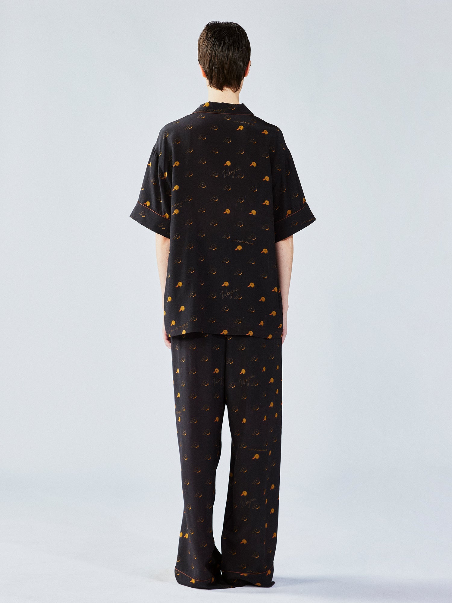 Silk hand-sketched yellow duck print pajama shirt