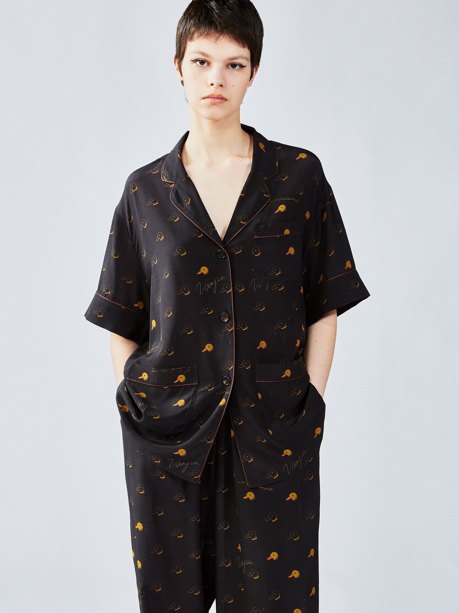Silk hand-sketched yellow duck print pajama shirt