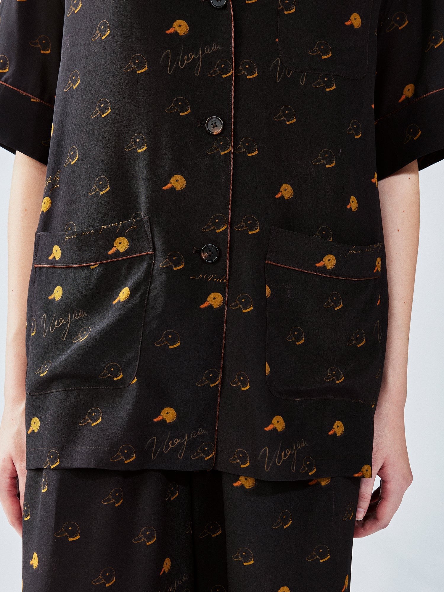 Silk hand-sketched yellow duck print pajama shirt