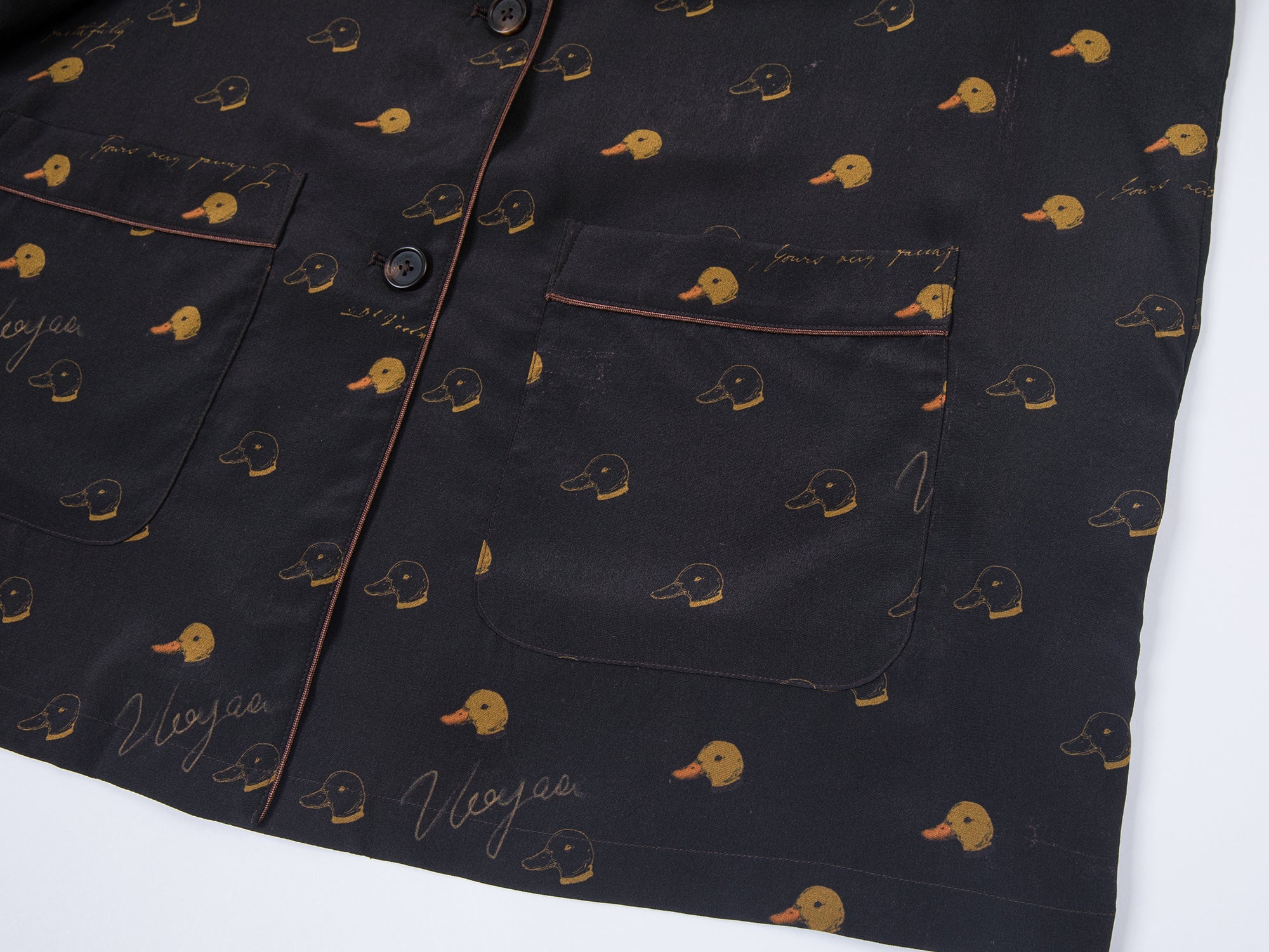 Silk hand-sketched yellow duck print pajama shirt