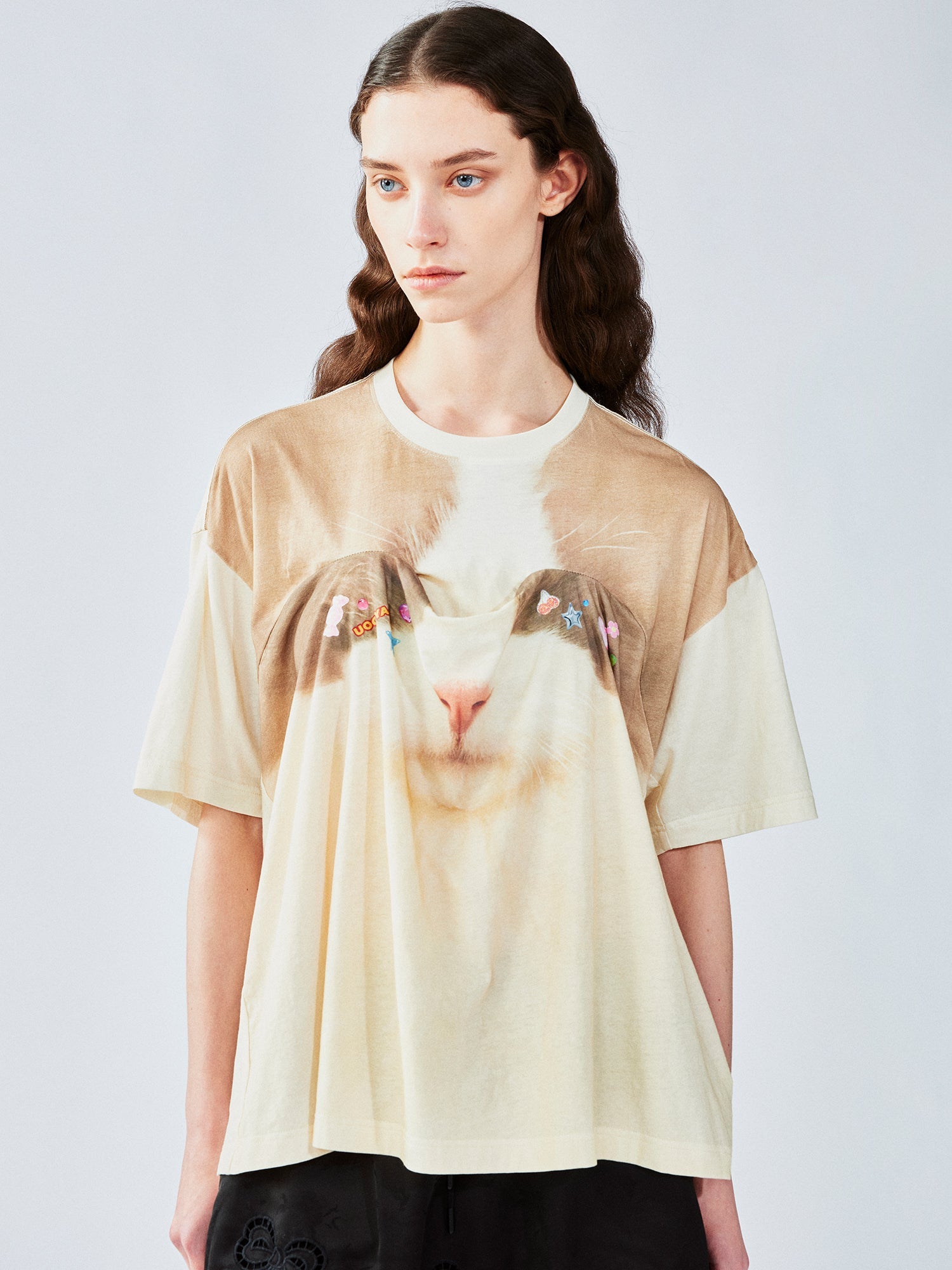 Cat print t-shirt with lifted hem