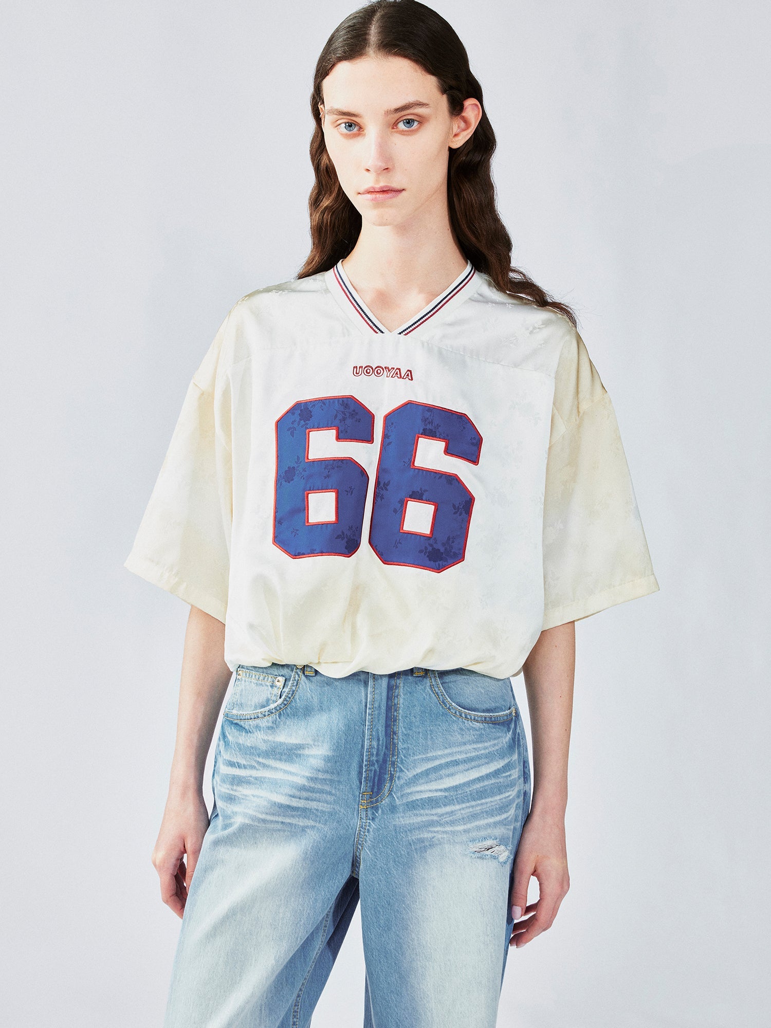 Distressed satin tulip jersey