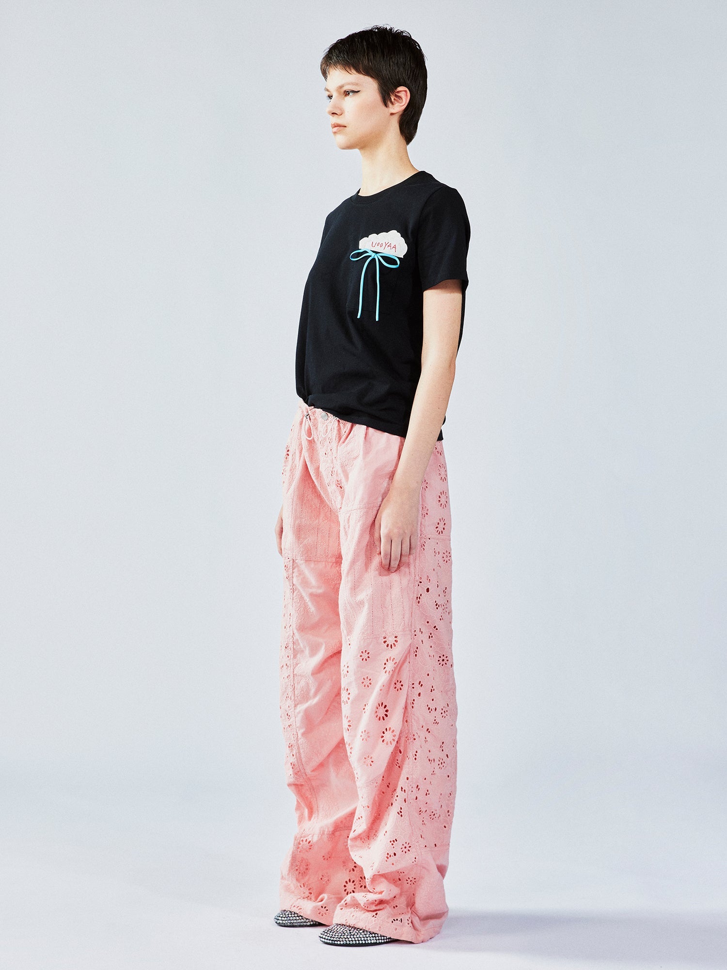 Openwork embroidery utility pants