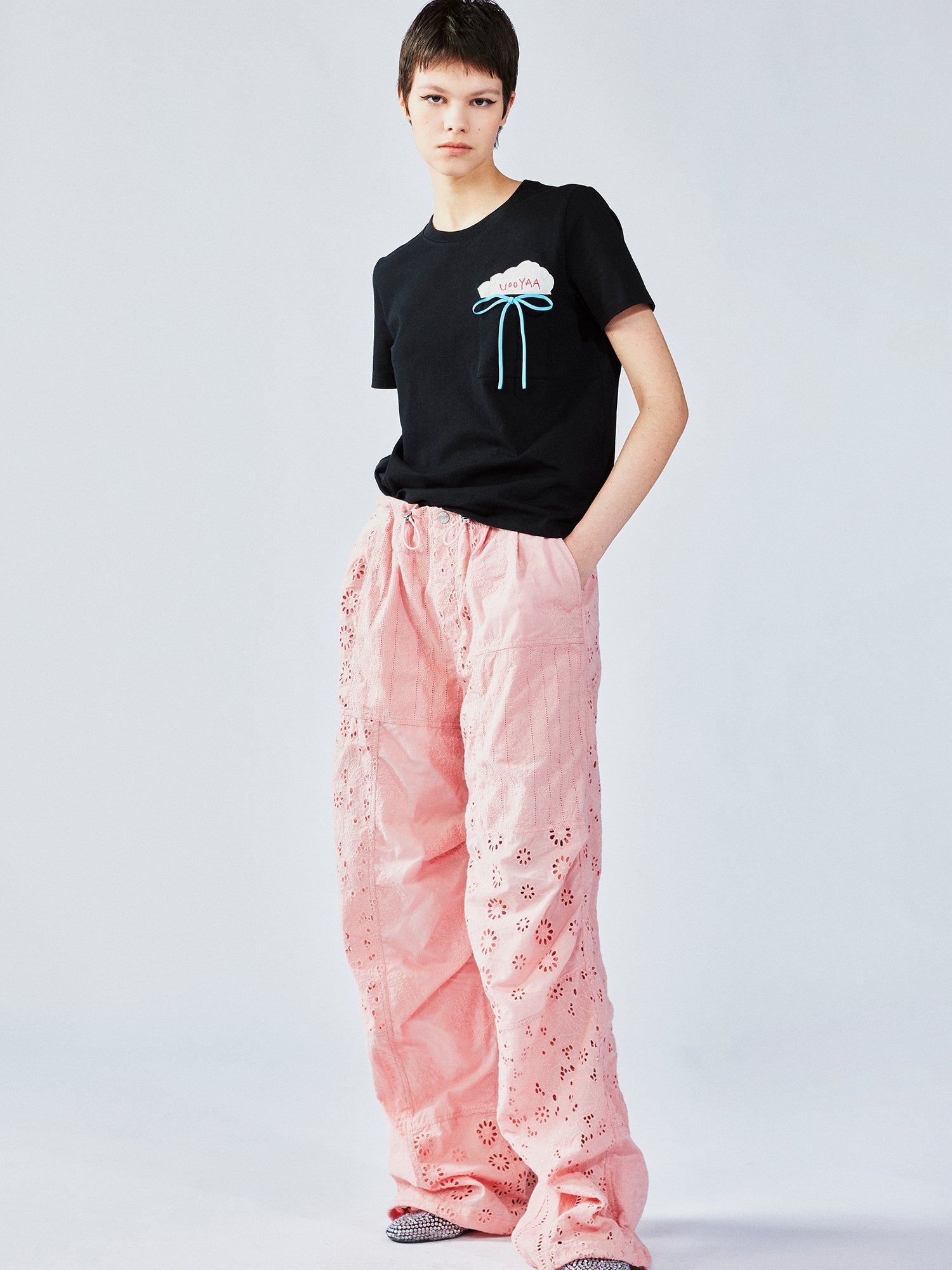 Openwork embroidery utility pants