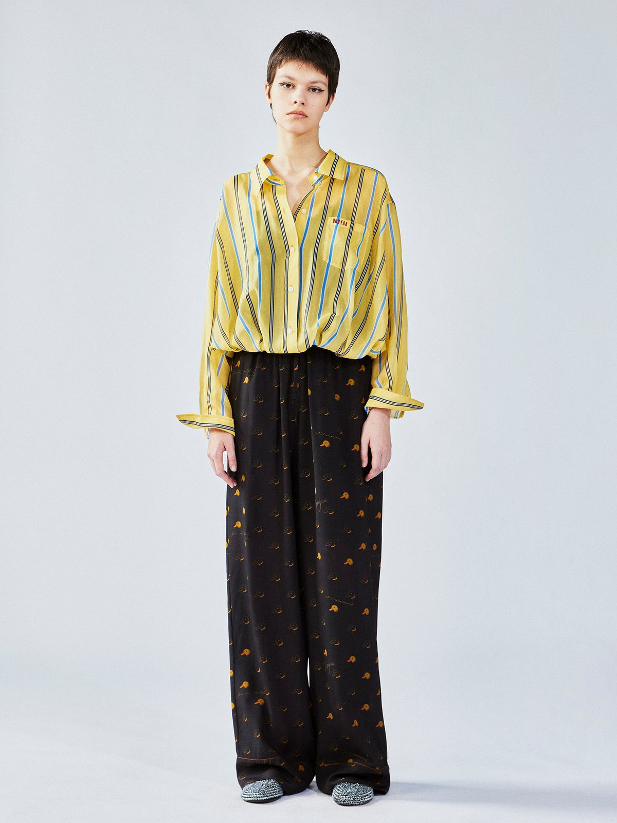 Silk hand-sketched yellow duck print pajama pants
