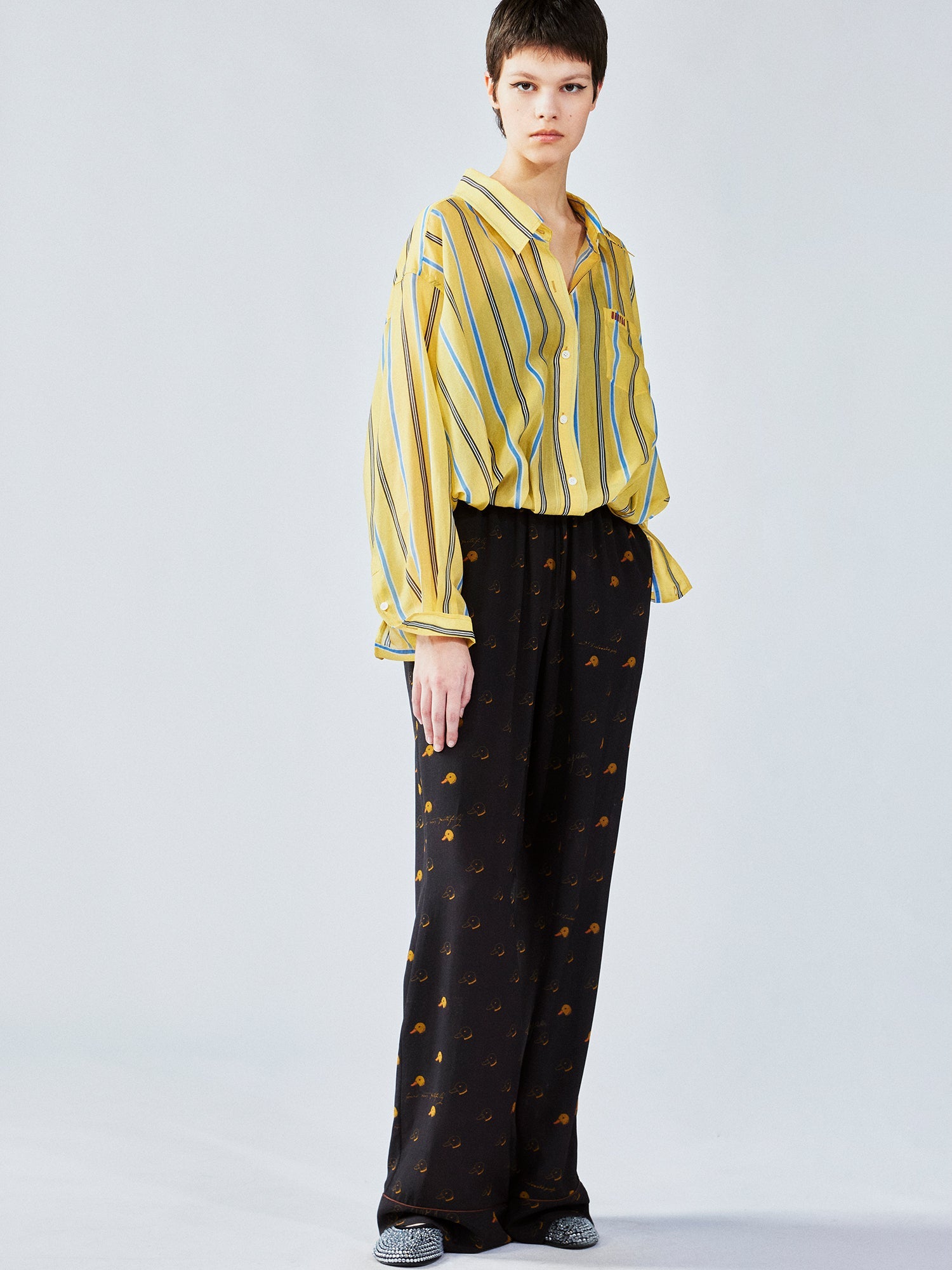 Silk hand-sketched yellow duck print pajama pants