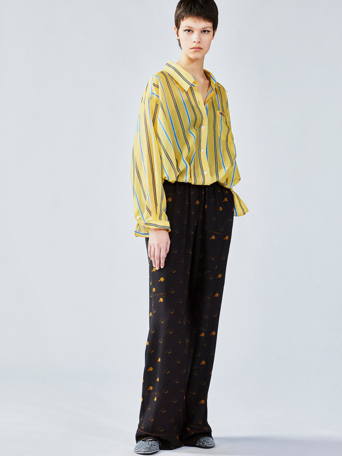 Silk hand-sketched yellow duck print pajama pants