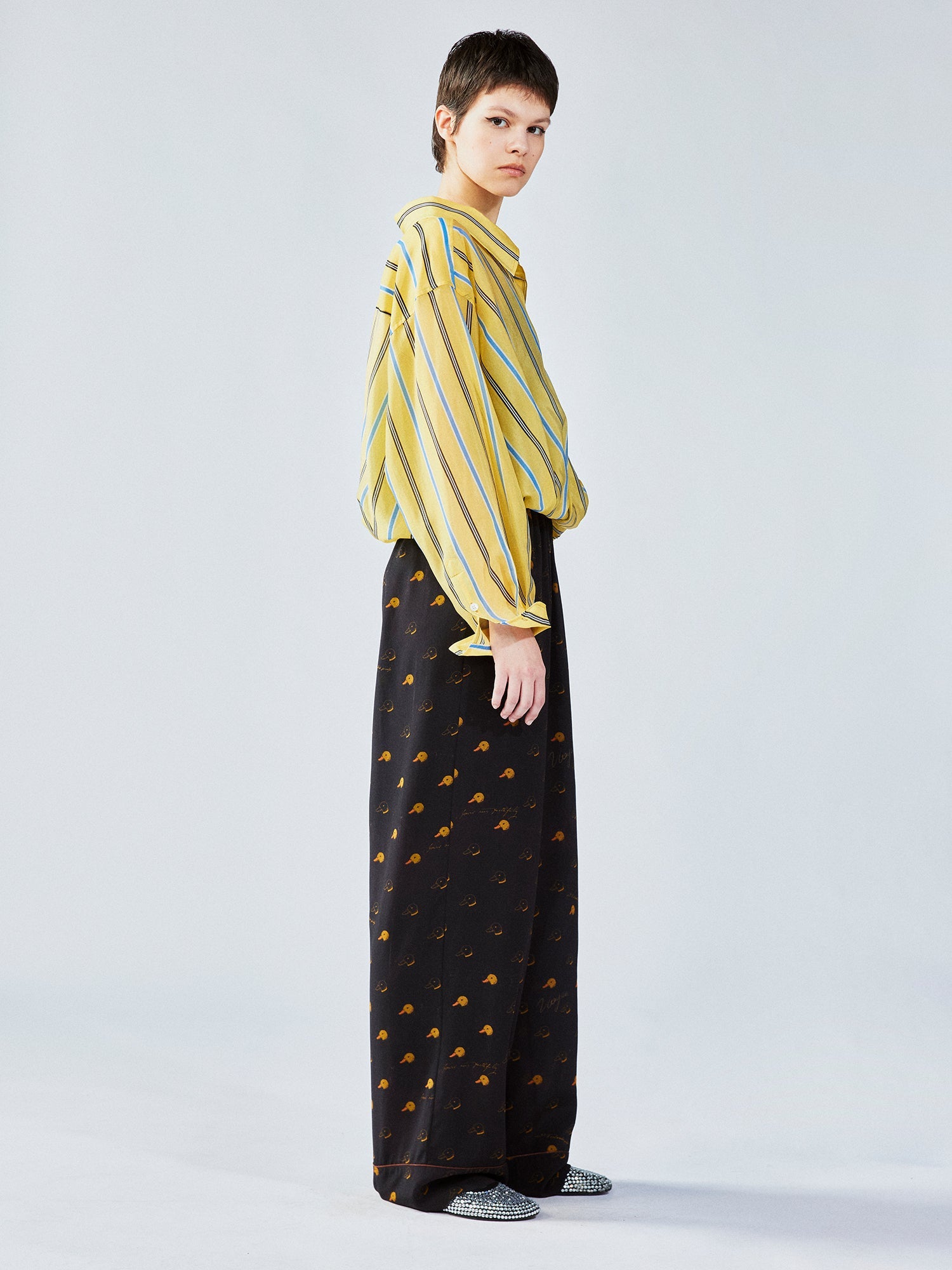 Silk hand-sketched yellow duck print pajama pants