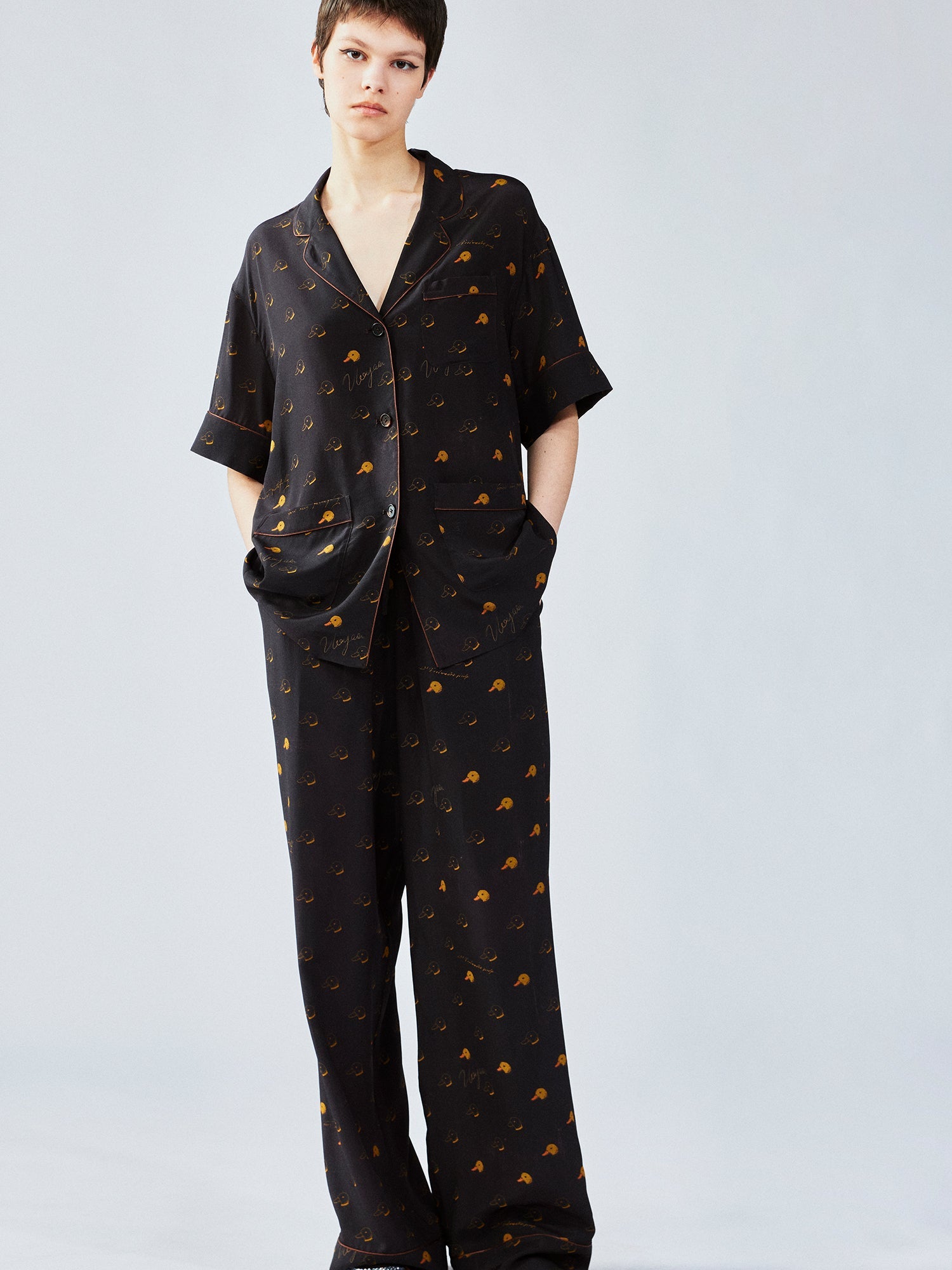 Silk hand-sketched yellow duck print pajama pants