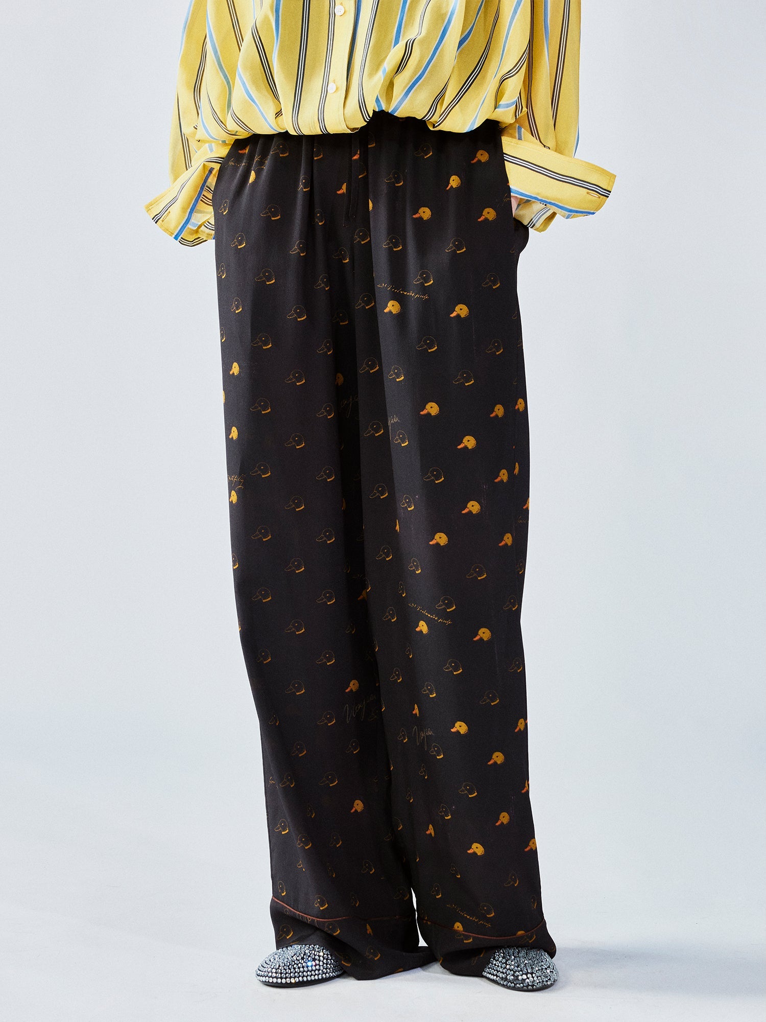 Silk hand-sketched yellow duck print pajama pants