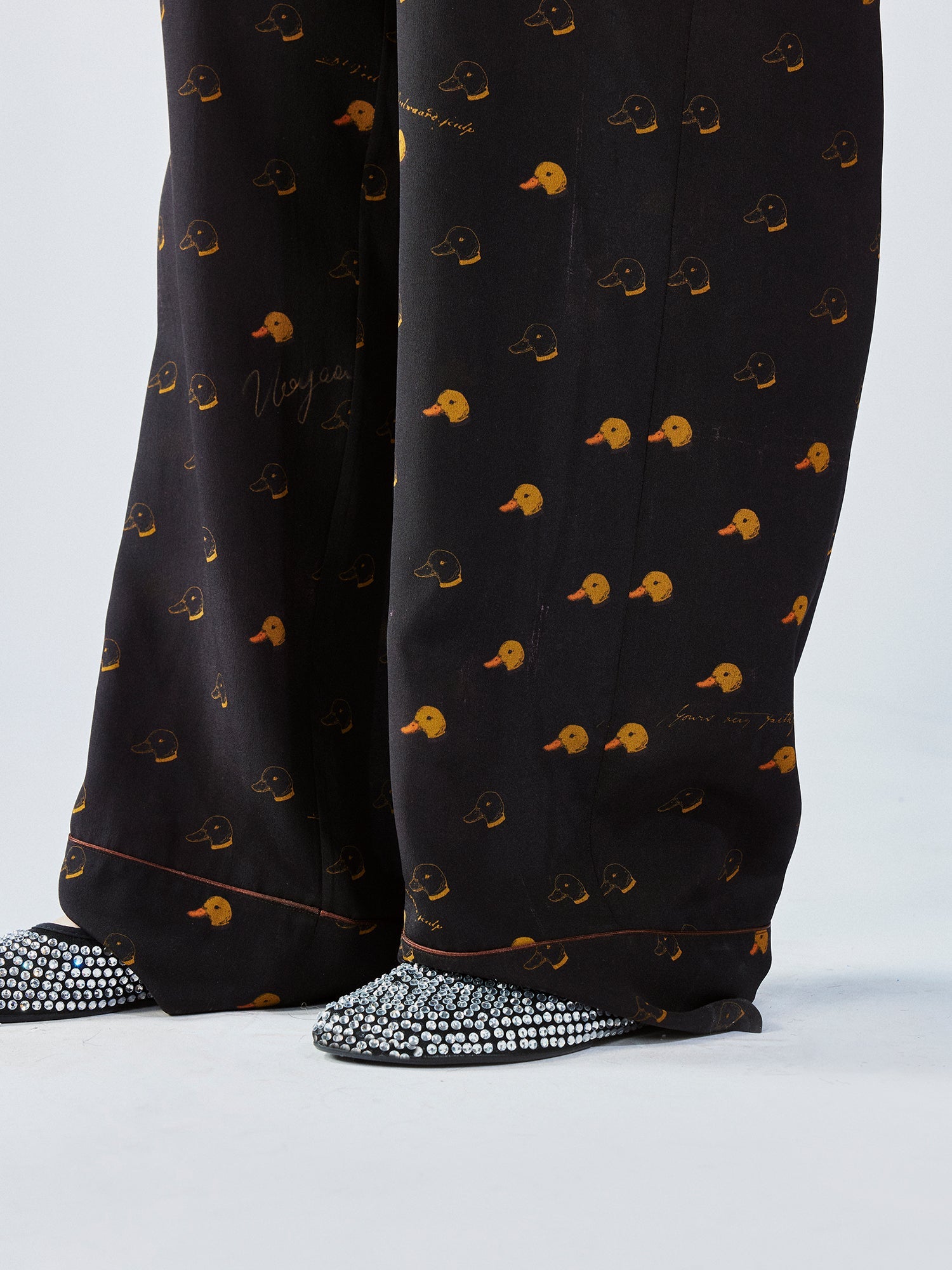 Silk hand-sketched yellow duck print pajama pants
