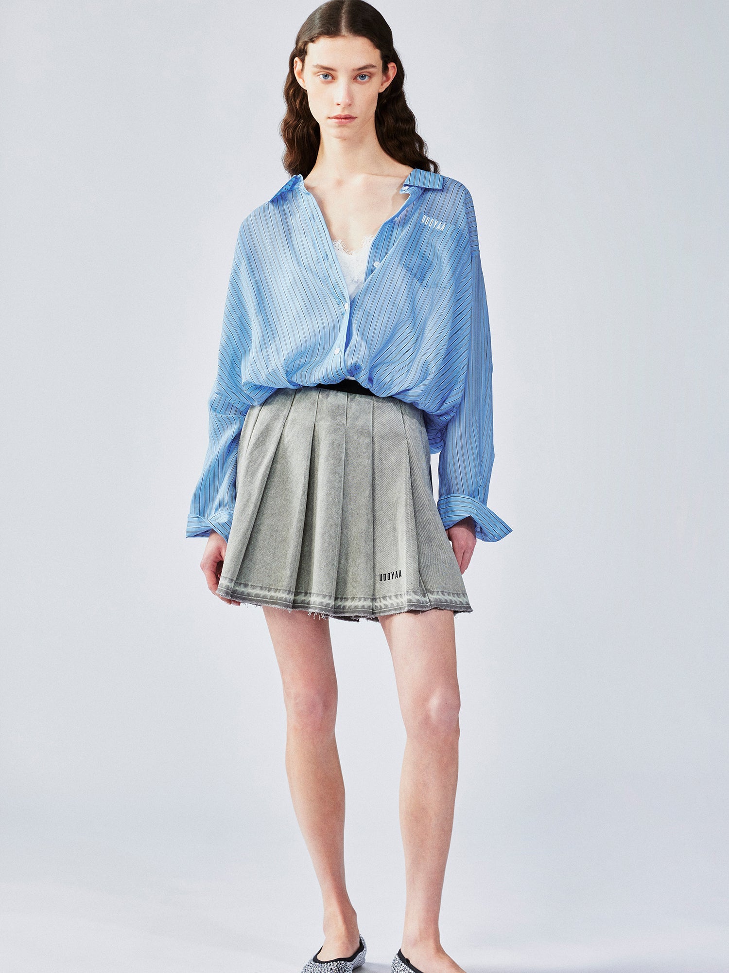 Pleated denim short skirt