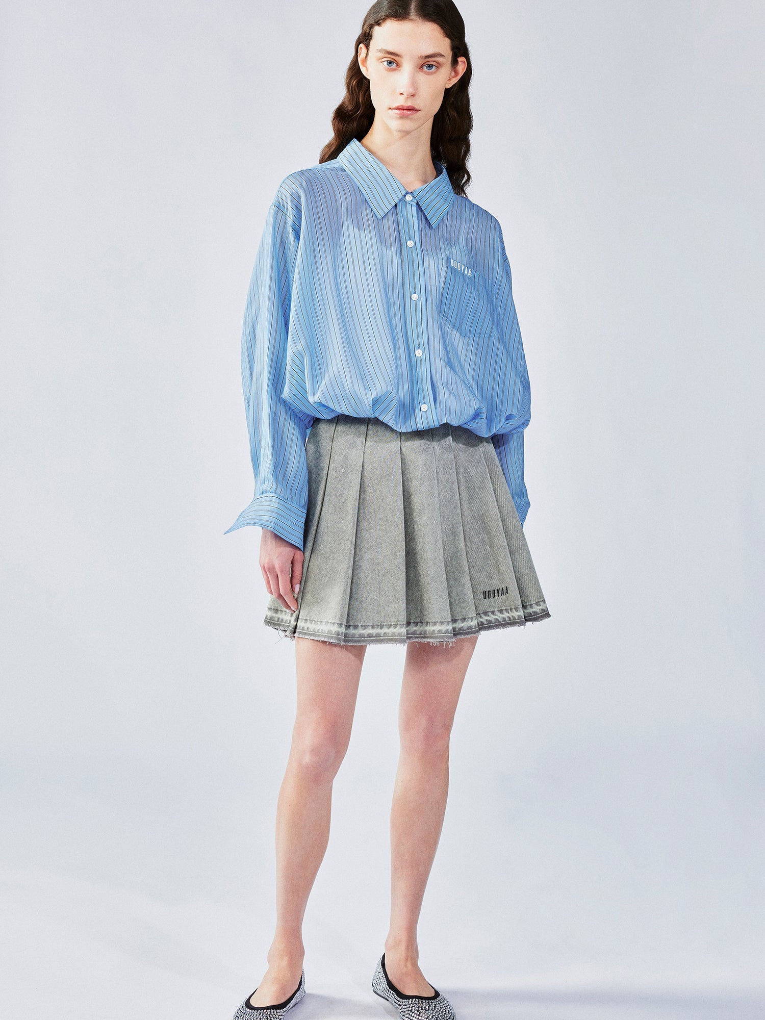 Pleated denim short skirt