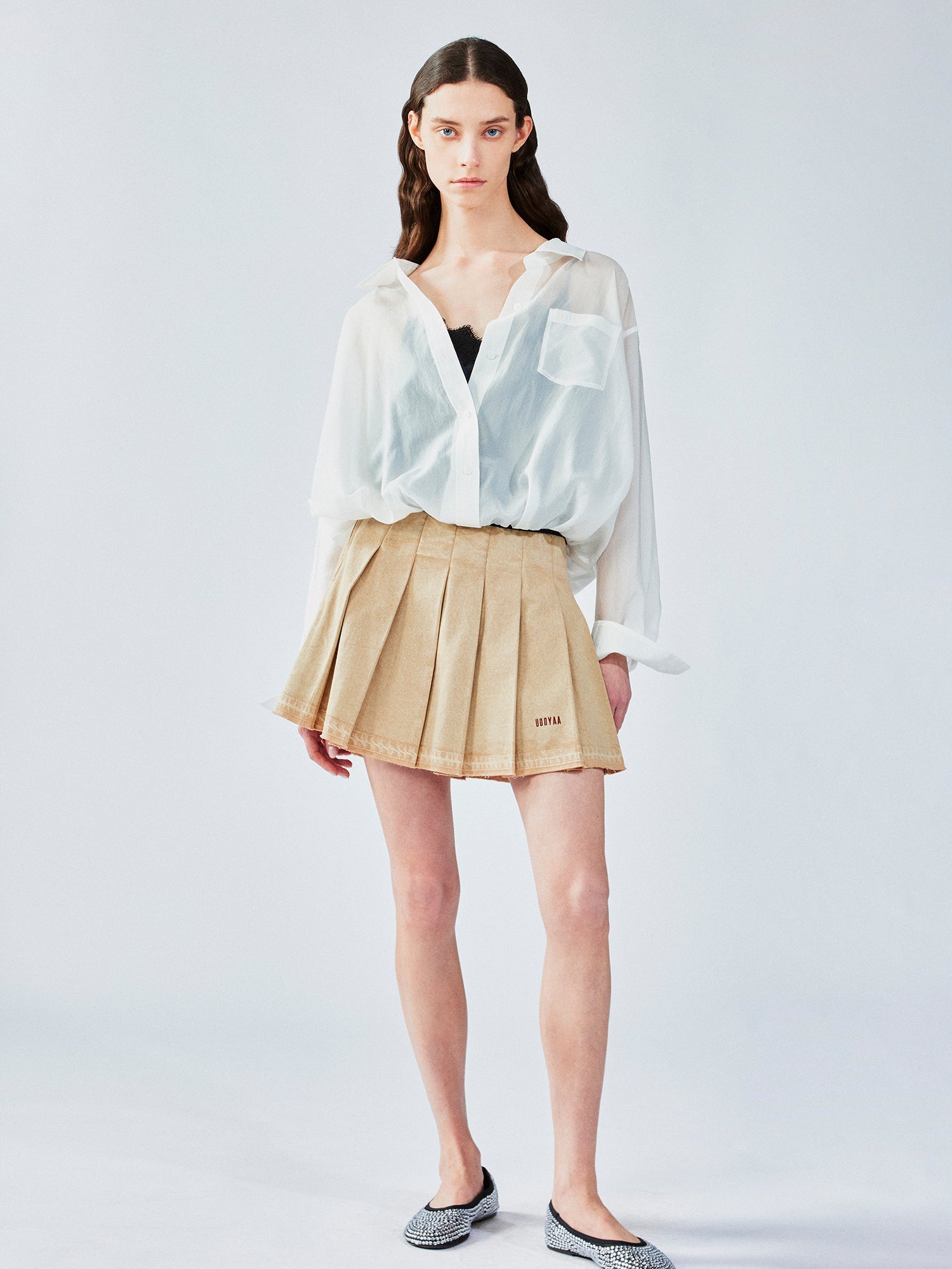 Pleated denim short skirt