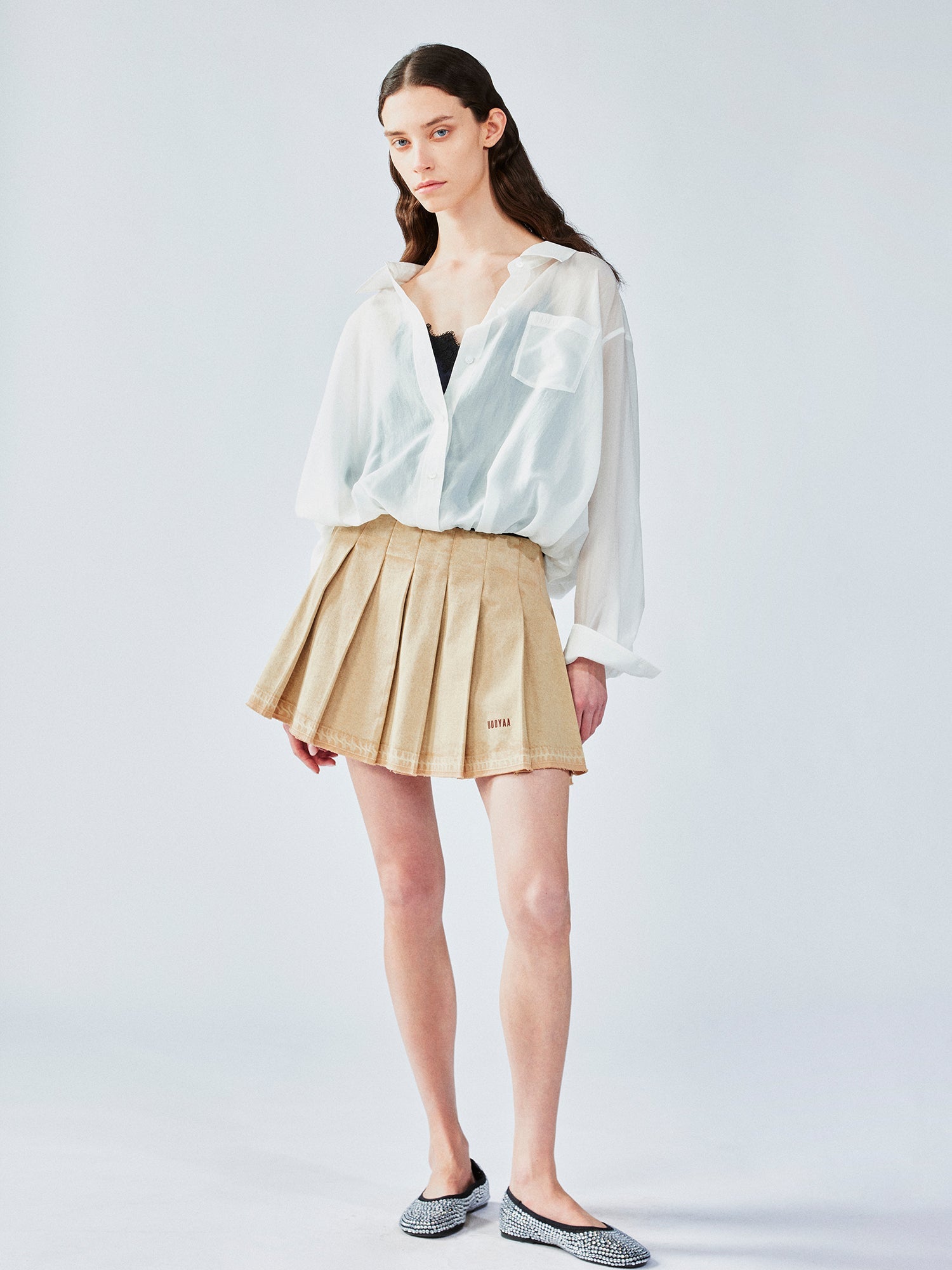 Pleated denim short skirt