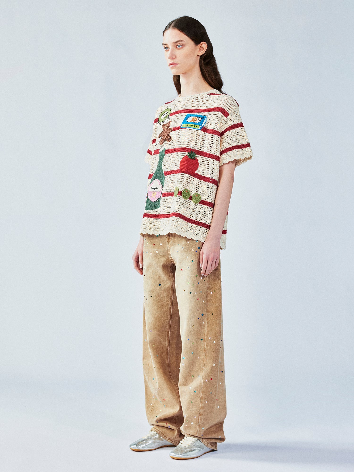 Love & food handmade granny-knit style t-shirt