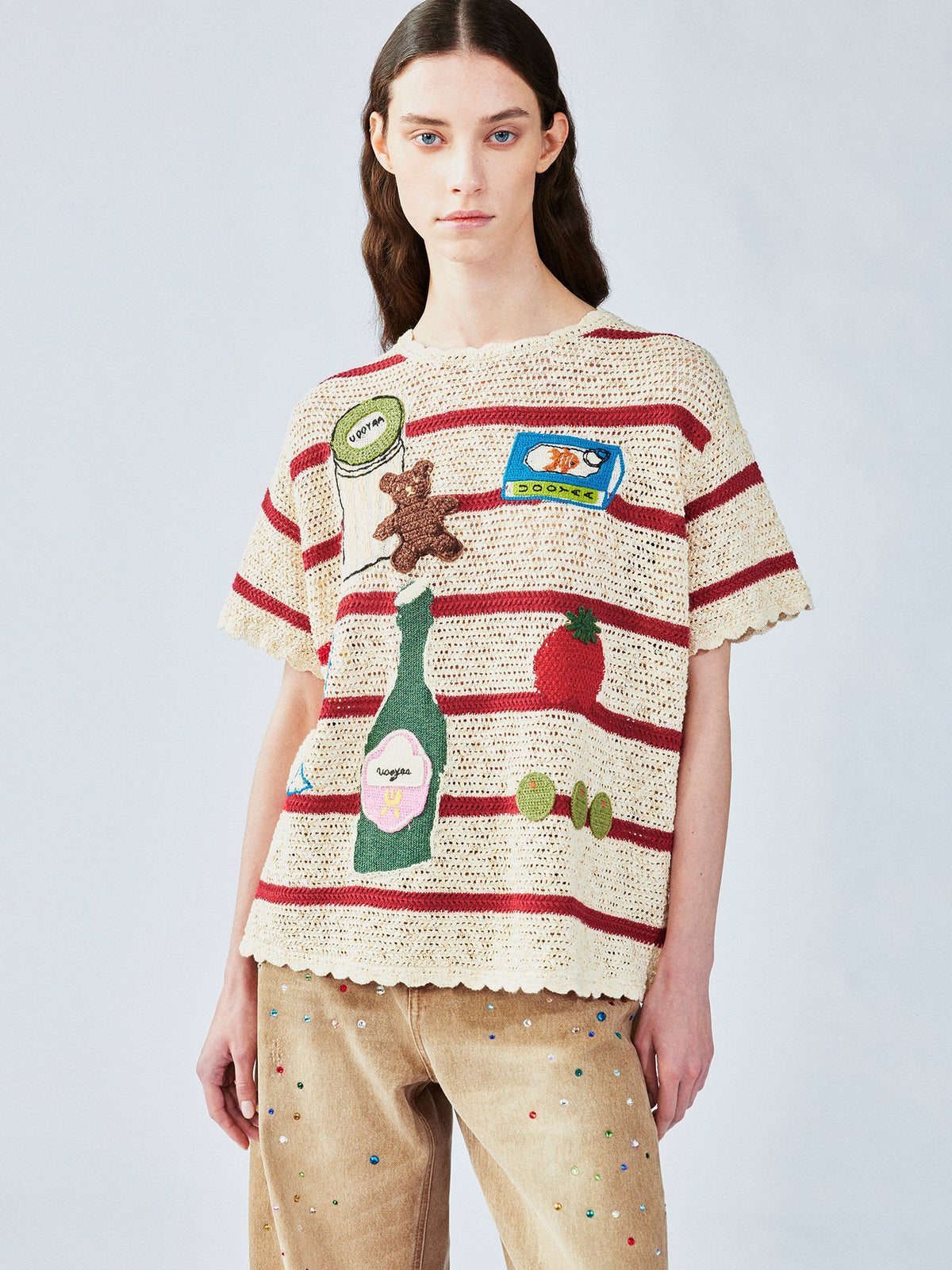 愛と食べ物をテーマにしたハンドメイドのグラニーニット風Tシャツ