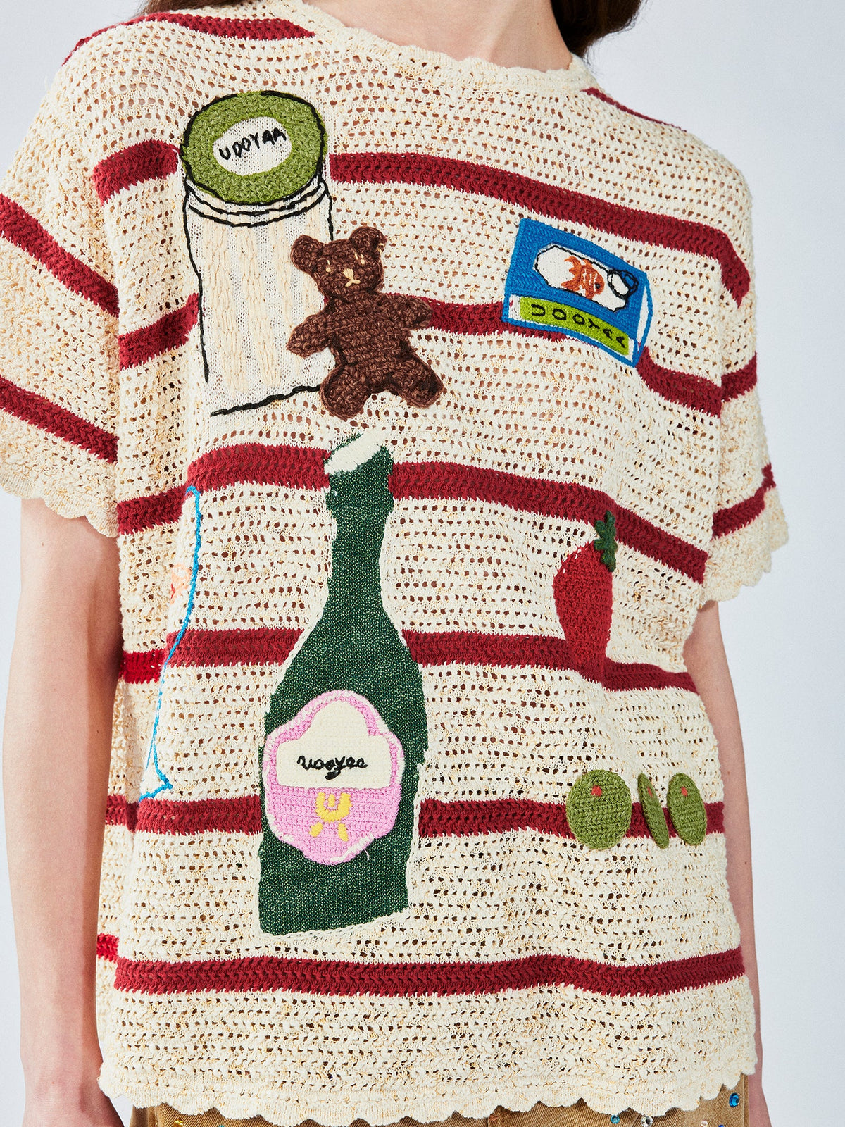 愛と食べ物をテーマにしたハンドメイドのグラニーニット風Tシャツ