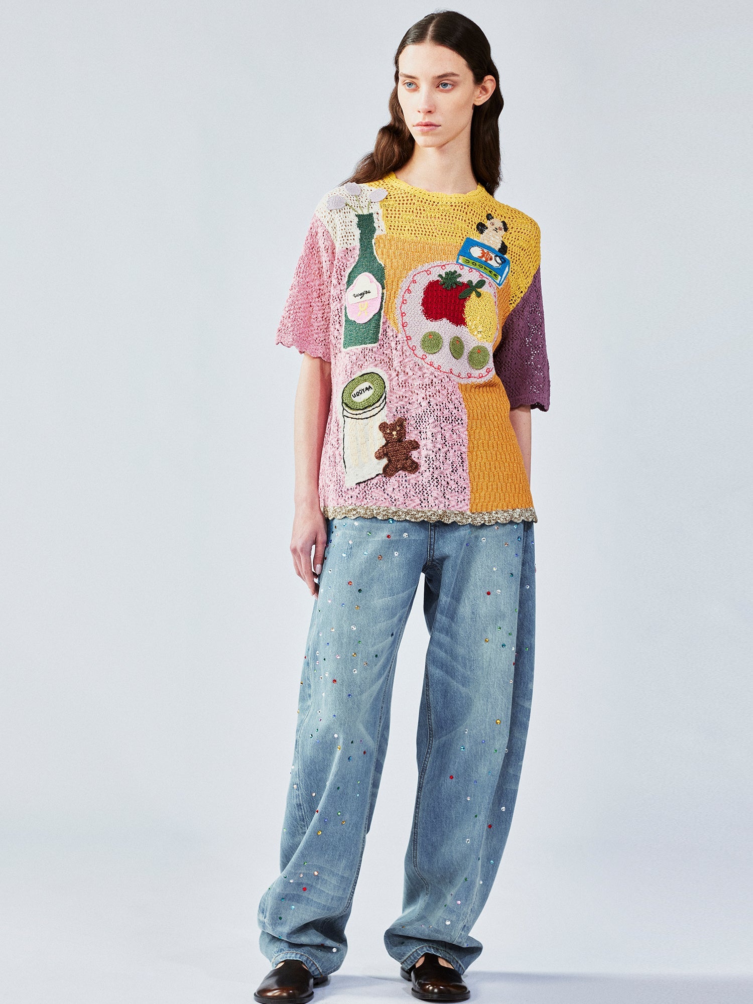 Love & food handmade granny-knit style t-shirt