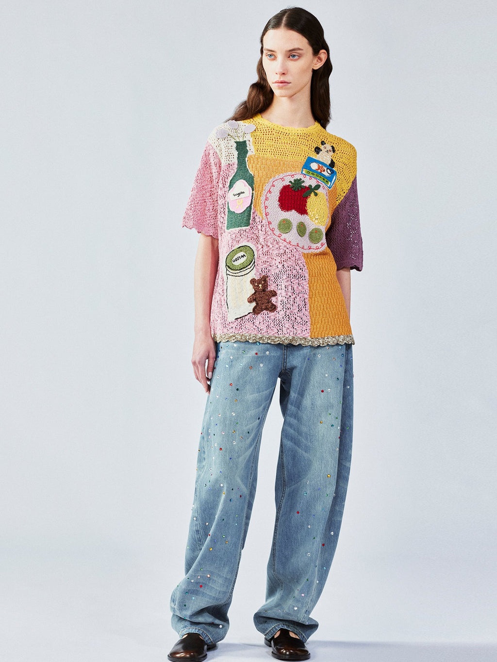 愛と食べ物をテーマにしたハンドメイドのグラニーニット風Tシャツ