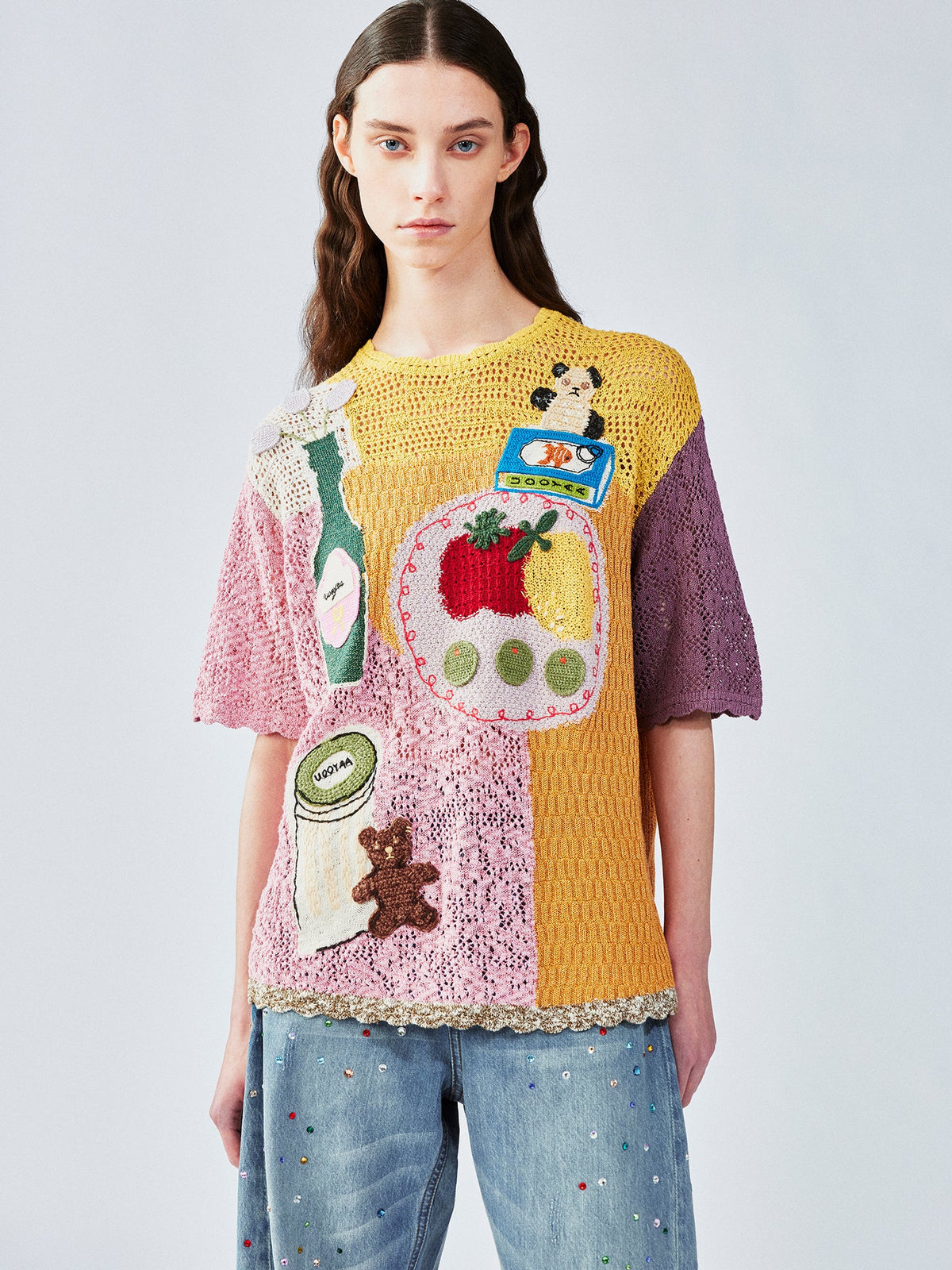 愛と食べ物をテーマにしたハンドメイドのグラニーニット風Tシャツ