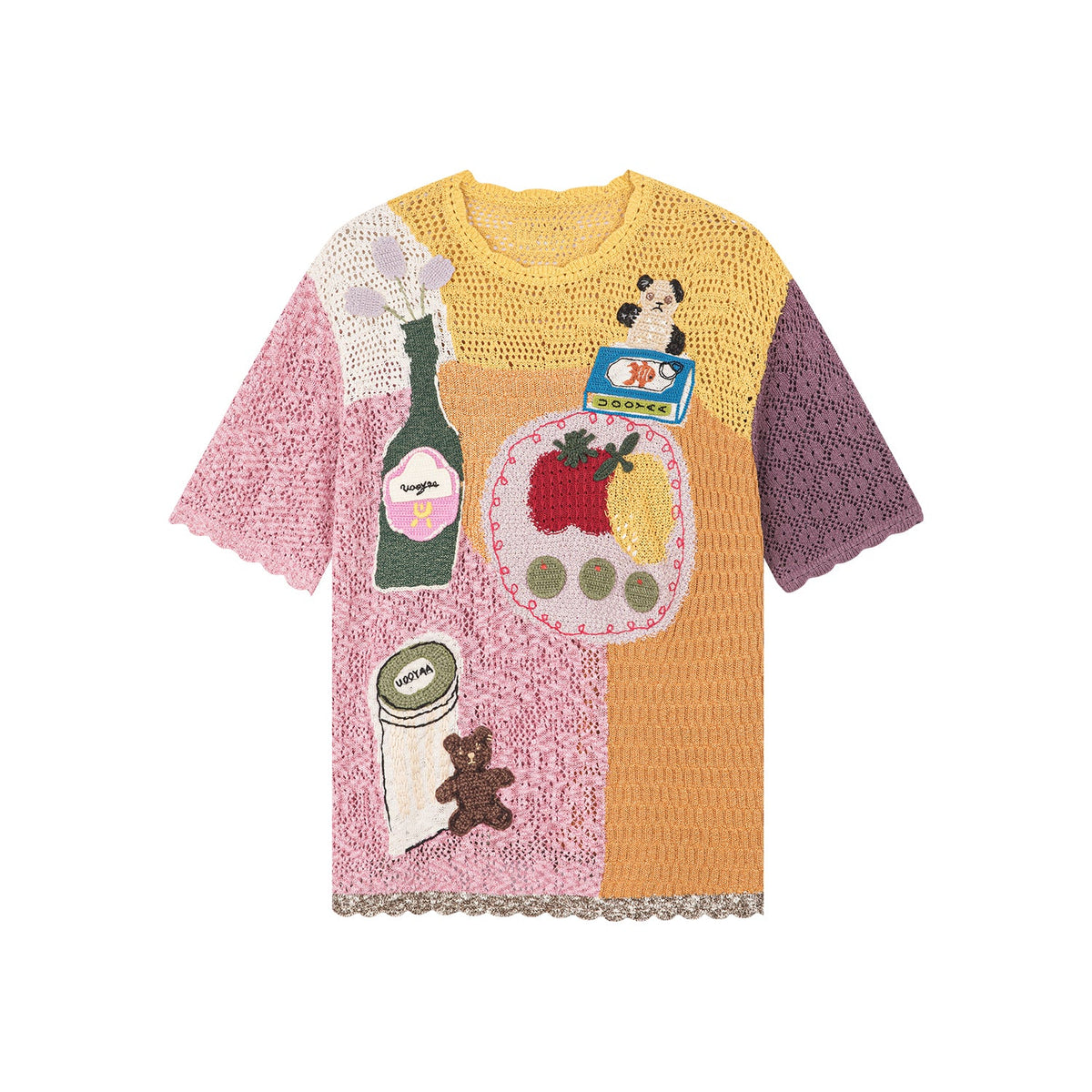 愛と食べ物をテーマにしたハンドメイドのグラニーニット風Tシャツ
