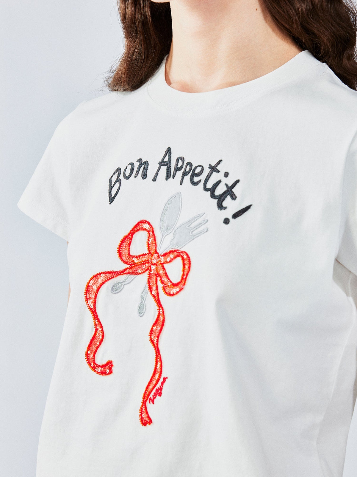 ボウ＆フォーク アップリケ Tシャツ