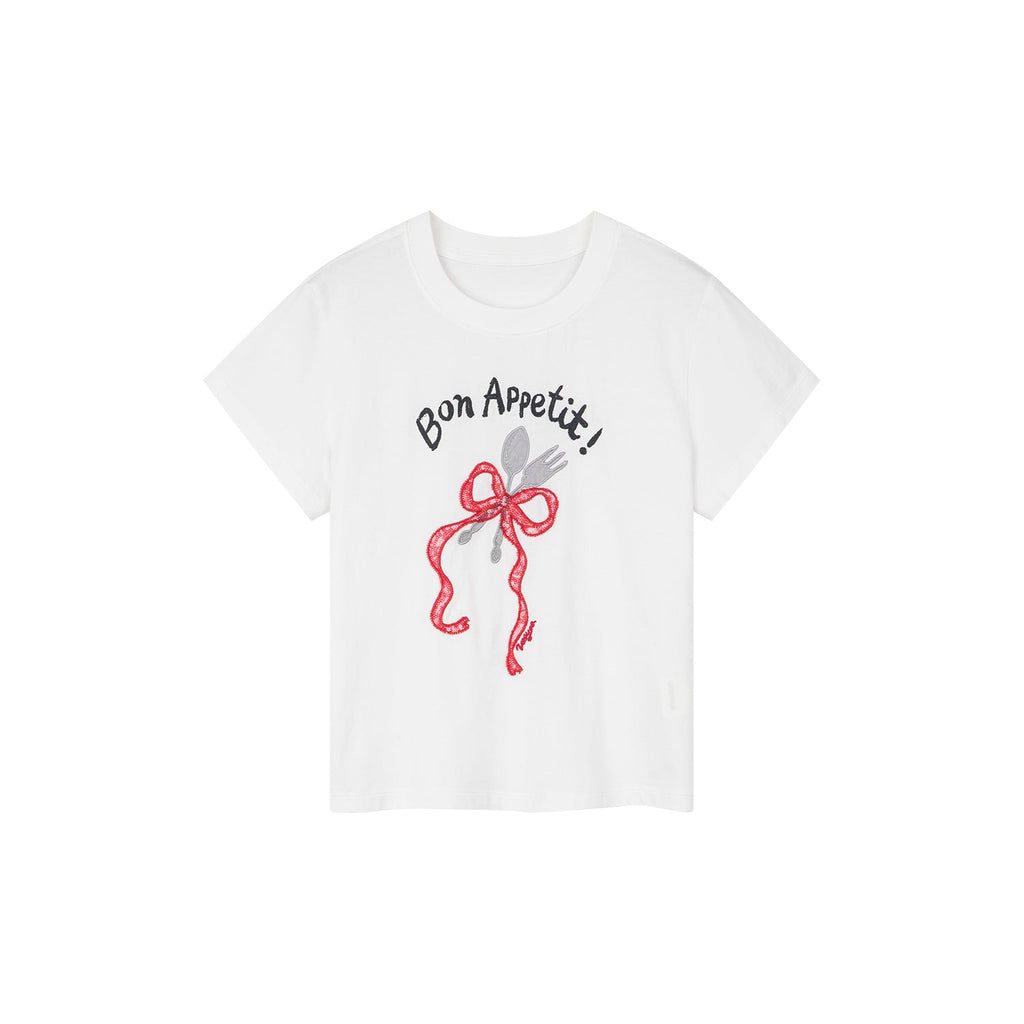 ボウ＆フォーク アップリケ Tシャツ