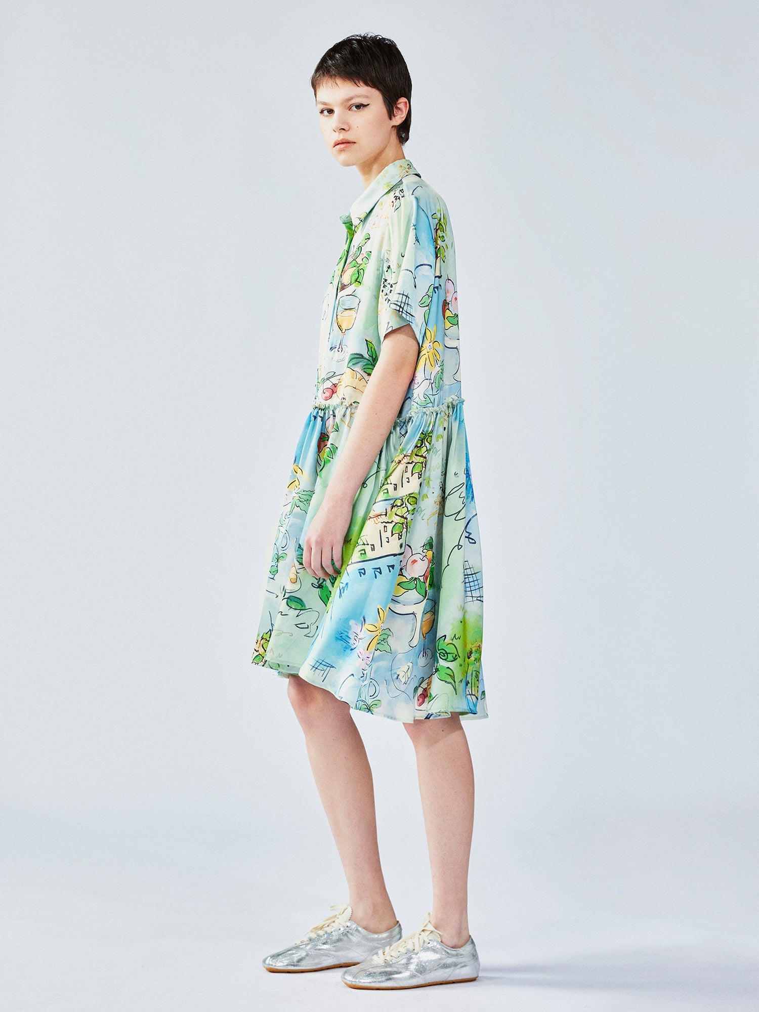 Hand-painted watercolor satin shirt dress