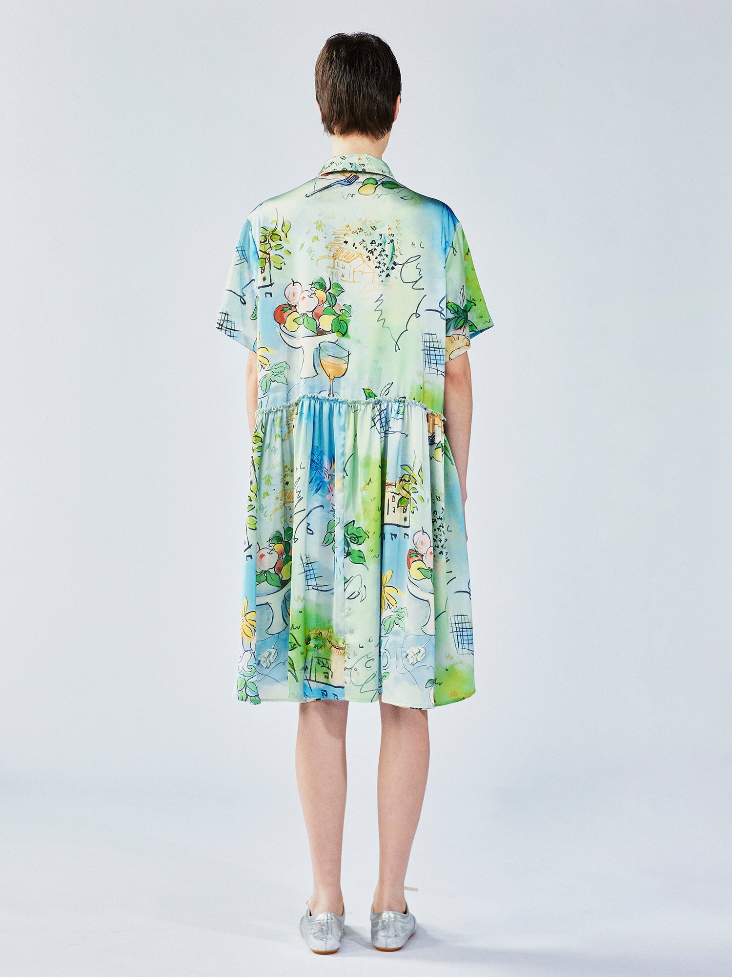 Hand-painted watercolor satin shirt dress