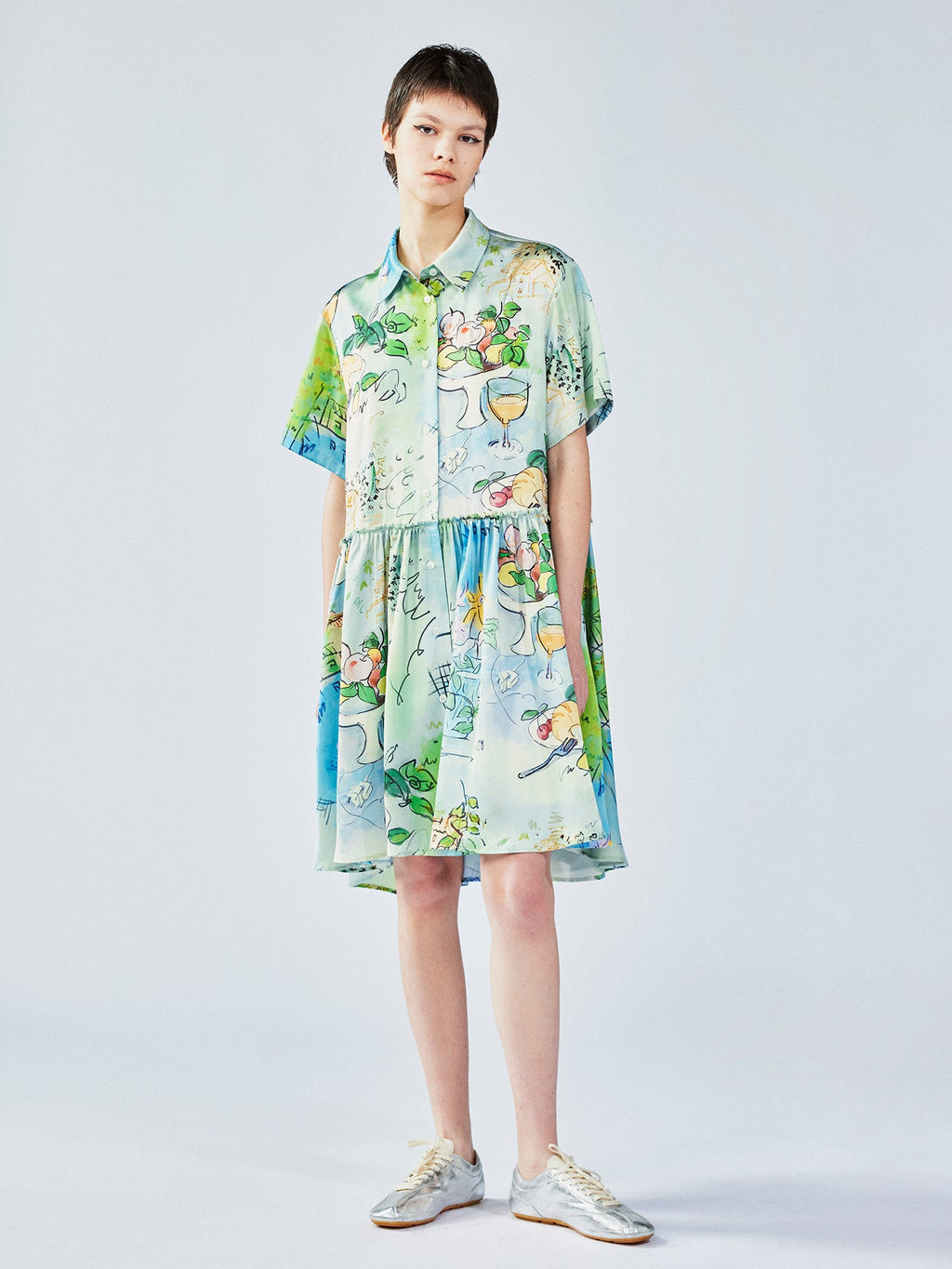 Hand-painted watercolor satin shirt dress