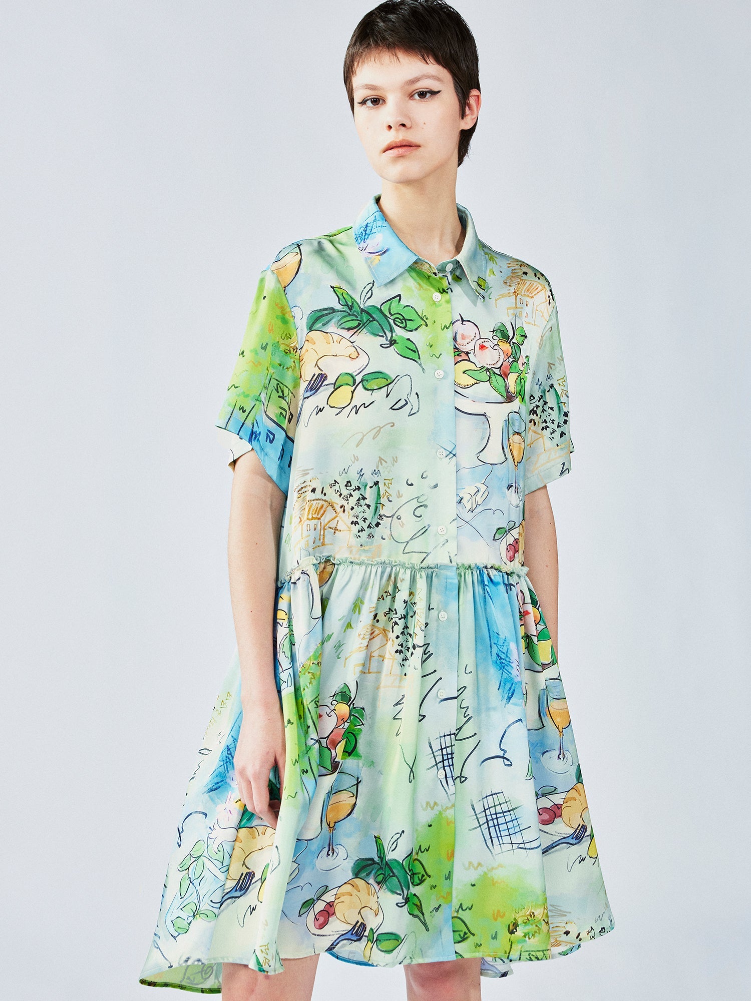 Hand-painted watercolor satin shirt dress