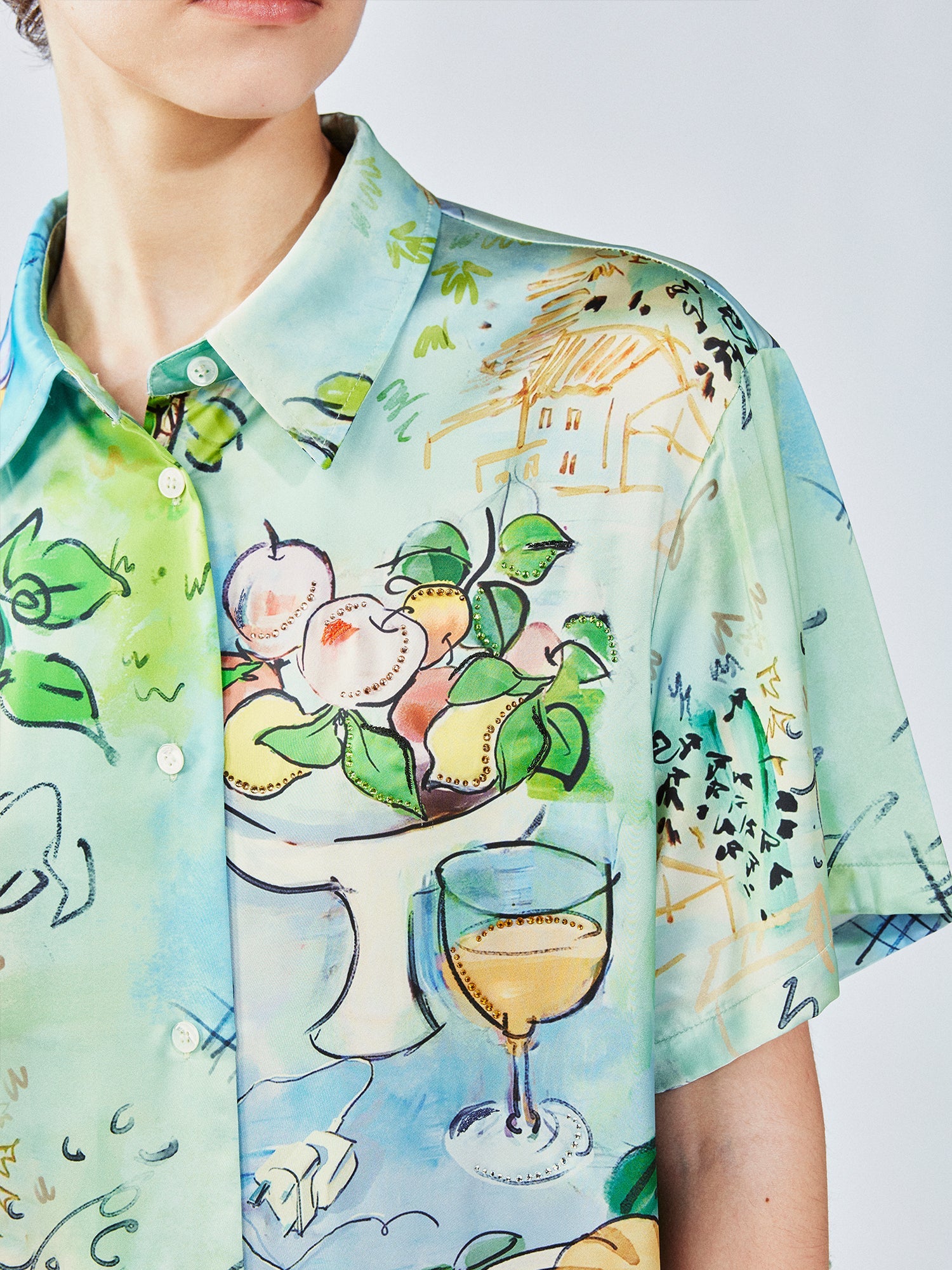 Hand-painted watercolor satin shirt dress