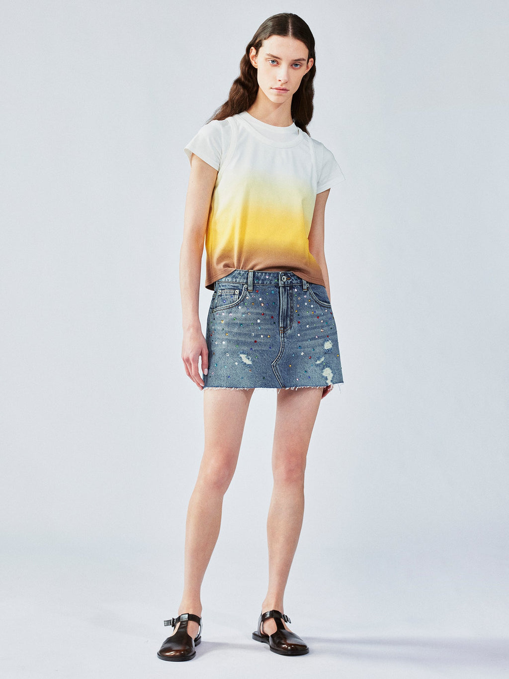 Rhinestone denim mini skirt