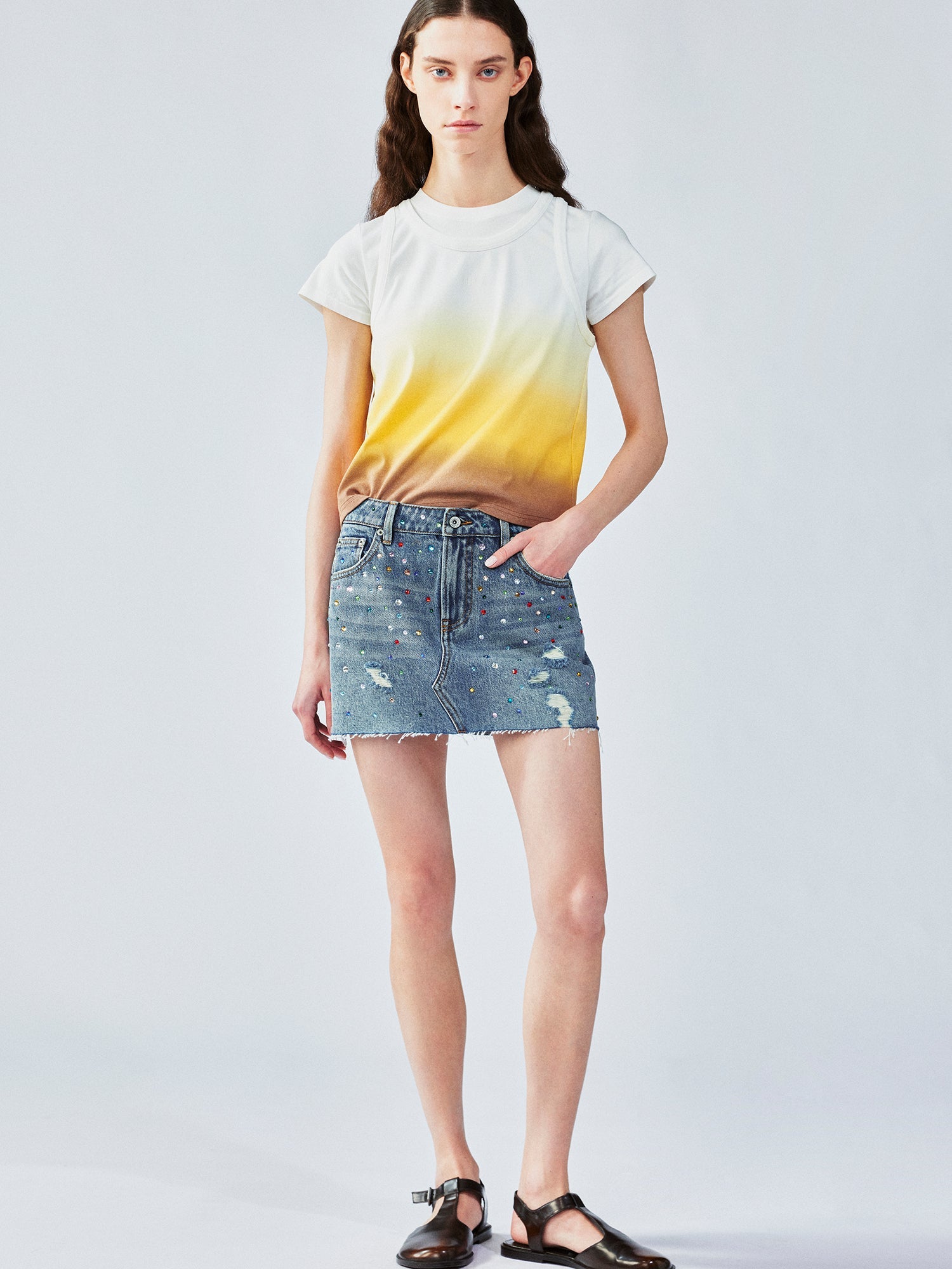 Rhinestone denim mini skirt