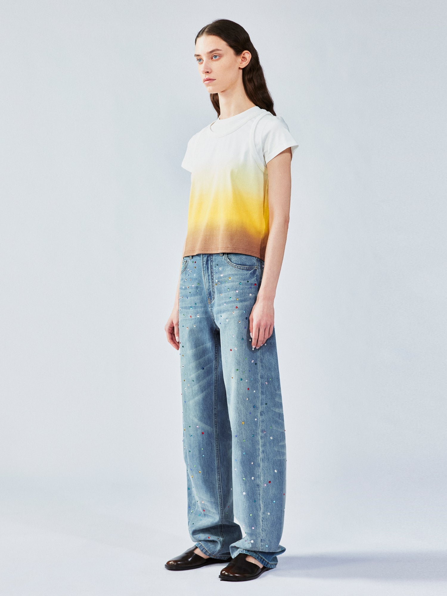 Rhinestone curved jeans