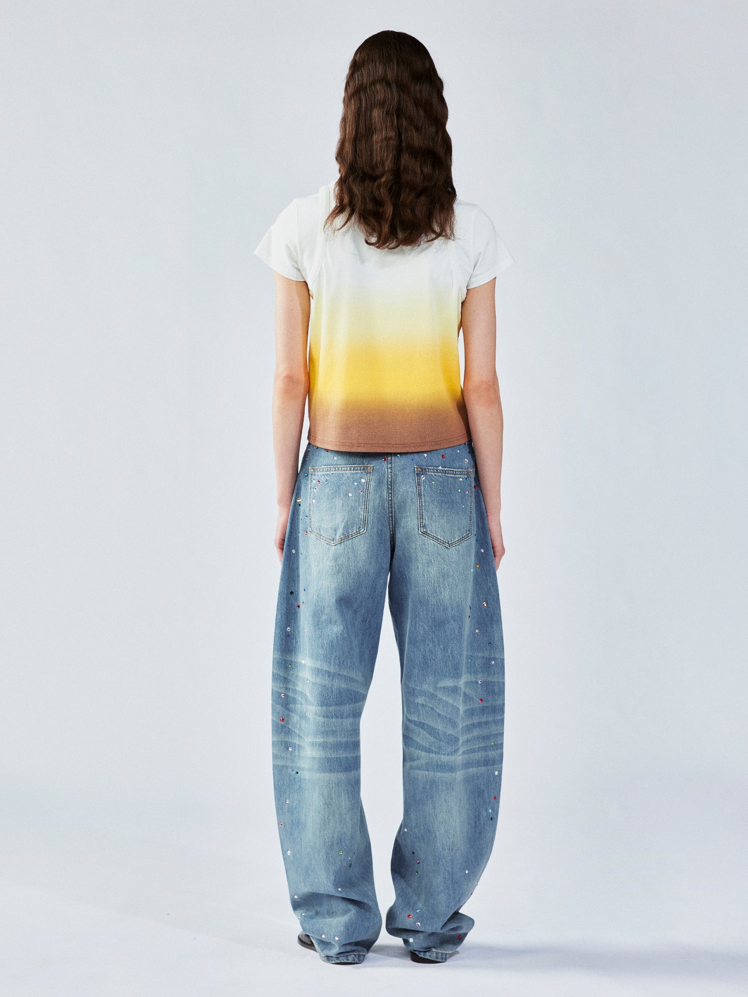 Rhinestone curved jeans